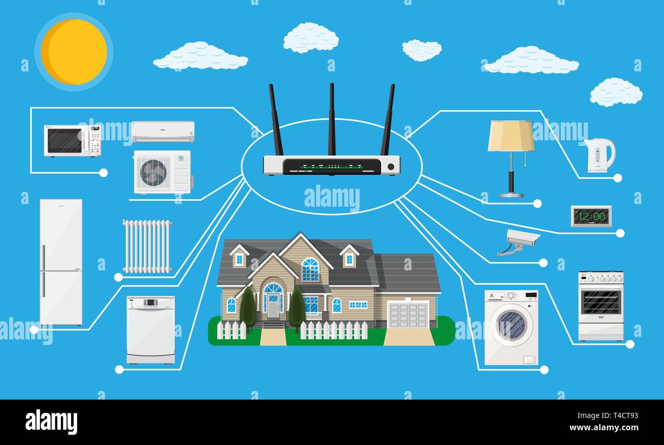 Smart Home Konzept. Intelligente Haushaltsgeräte home Netzwerk verbunden. Ferngesteuerte Geräte im Haus. Smart House. Vector Illustration in flachen Stock Vektor