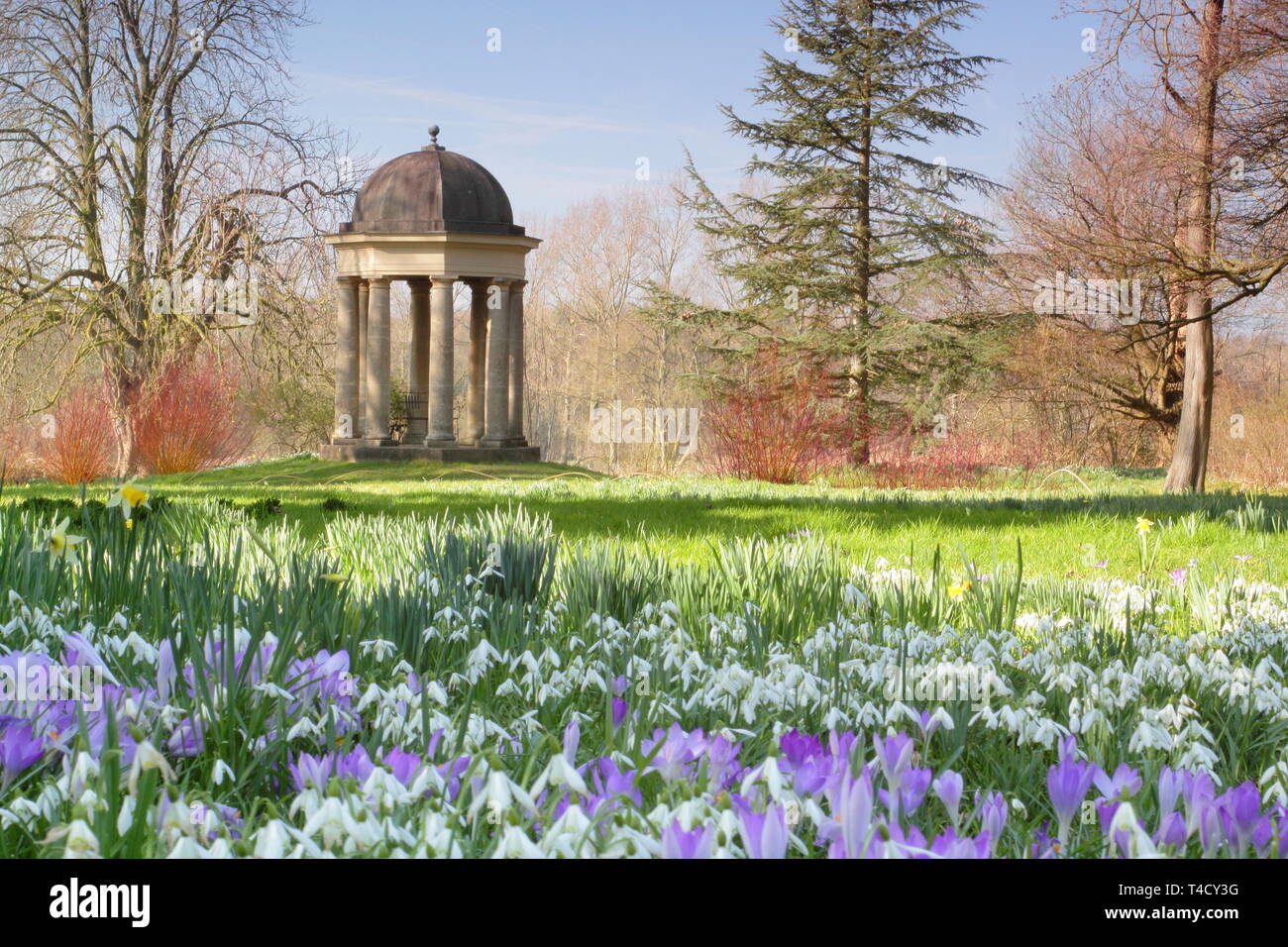 Der Tempel der Winde an doddington Halle und Gärten, Lincolnshire aus einem Rasen eingebürgerten Krokusse und Schneeglöckchen, - Ende Februar, UK gesehen Stockfoto
