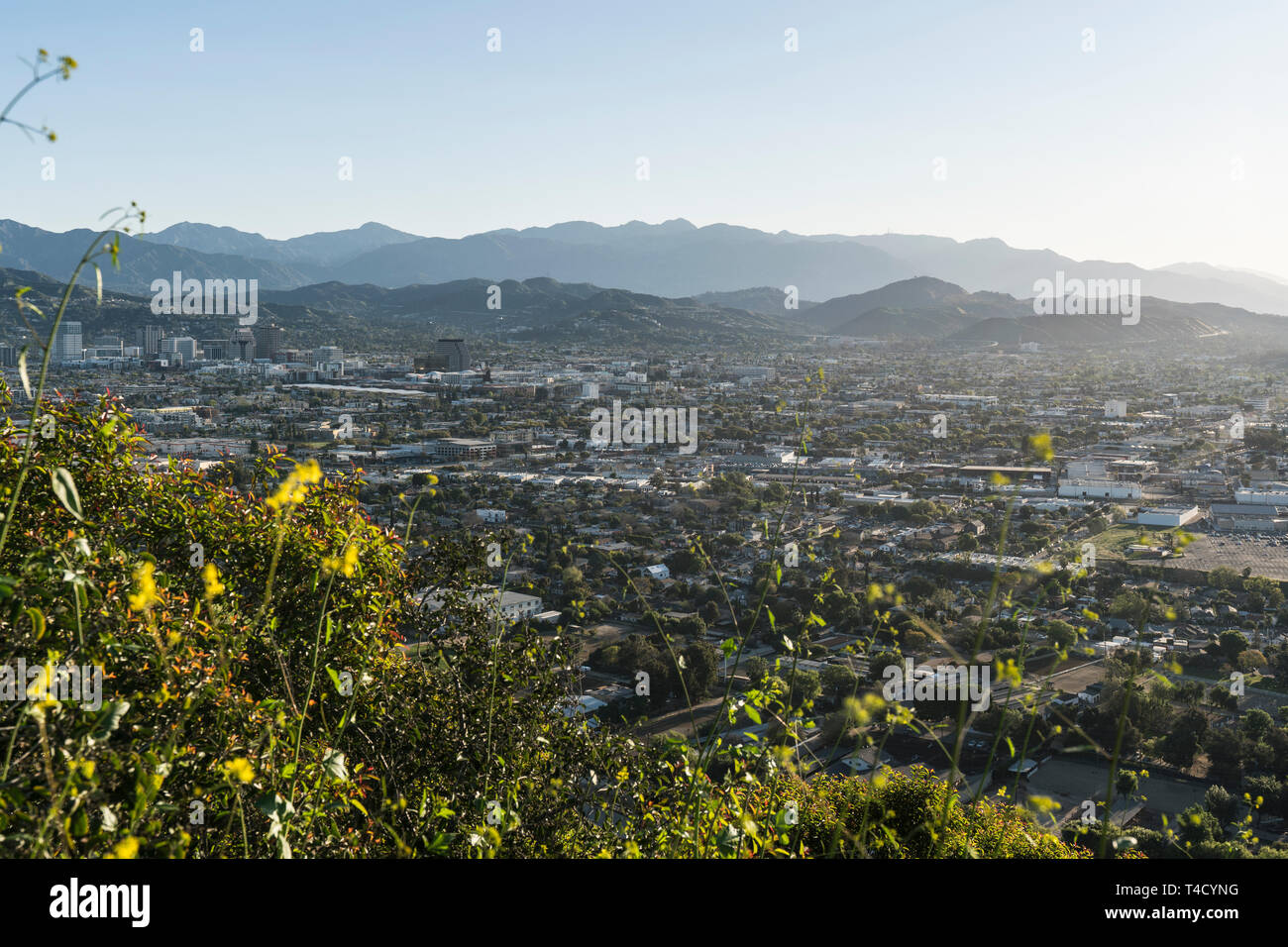 Blick auf Downtown Glendale und der San Gabriel Mountains von Griffith Park in Los Angeles County, Kalifornien. Stockfoto