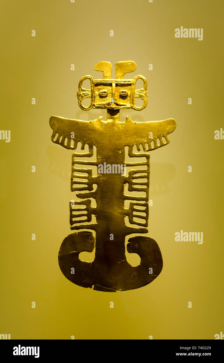 Anthropo-zoomorphe gold Objekt an der Bogota Gold Museum ausgestellt Stockfoto
