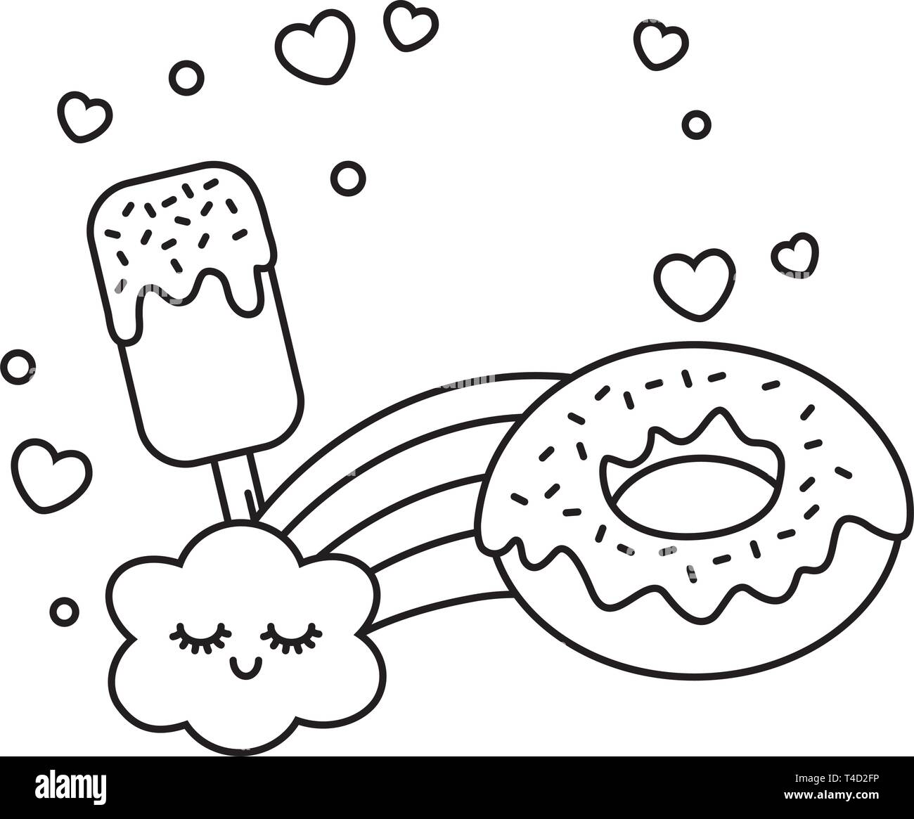 Eis am Stiel Donut und Regenbogen Symbol cartoon Schwarz und Weiß Vector Illustration graphic design Stock Vektor