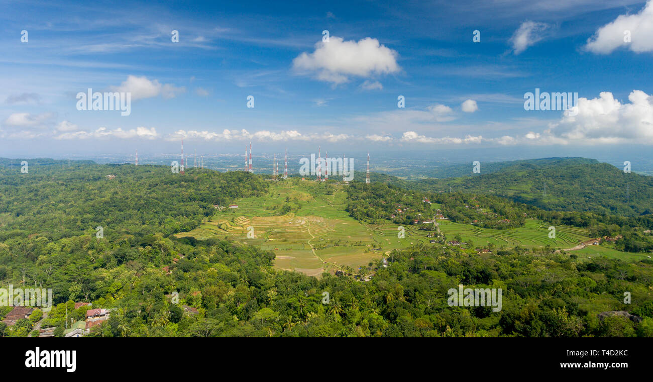 Kommunikation Türme in der Landschaft, die von Rohreis Feldern umgeben. Stockfoto