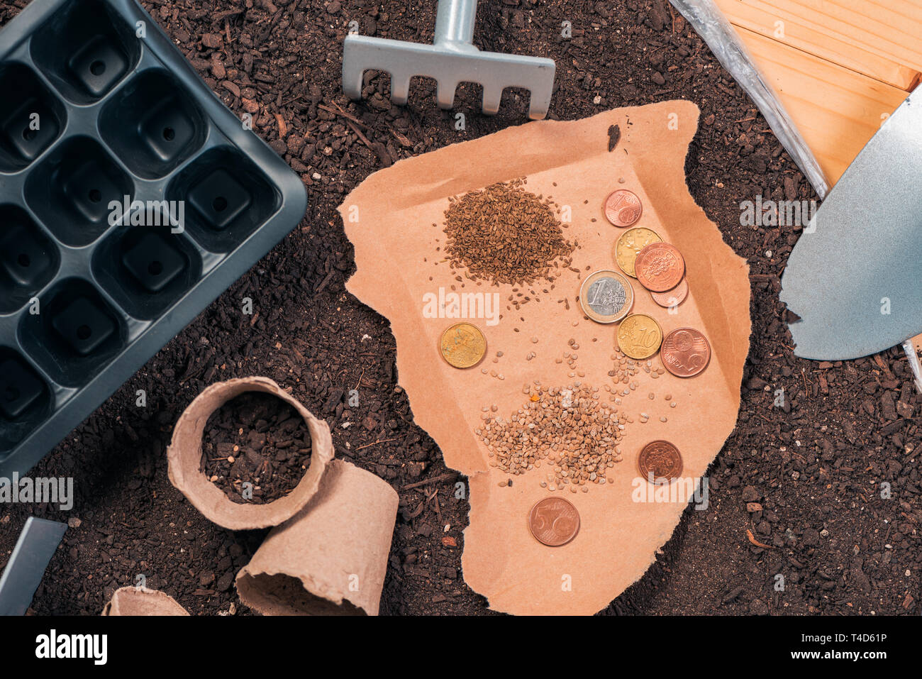 Preiswerte organische Nahrungsmittelproduktion und Gartengeräte, Ansicht von oben von Werkzeugen und Saatgut auf hölzernen Tisch im Garten mit einigen Euro-münzen als Konzept der l Stockfoto