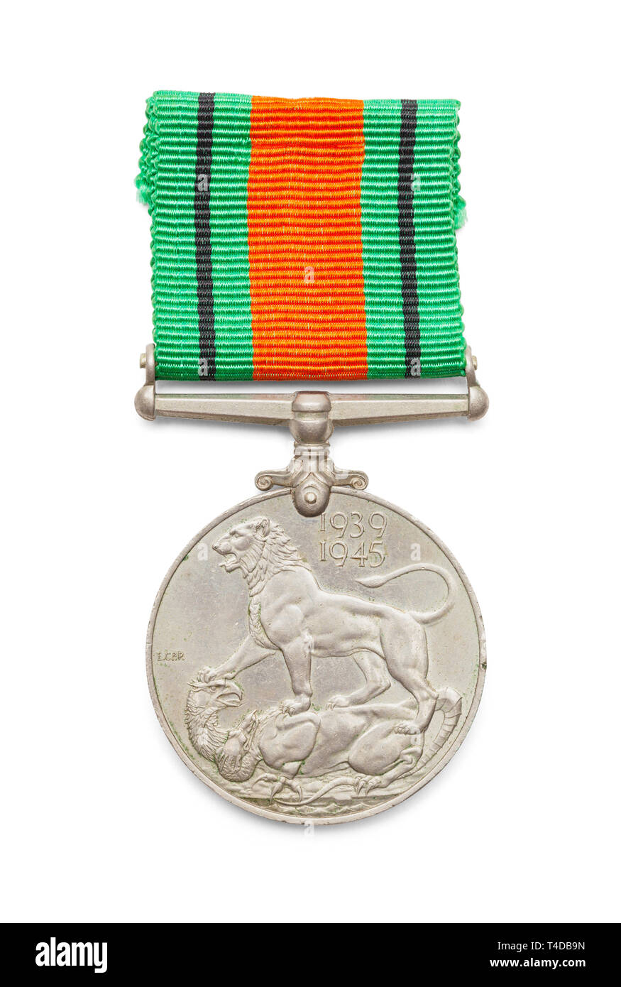 Weltkrieg zwei britische Verteidigung Medaille isoliert auf weißem Hintergrund. Stockfoto