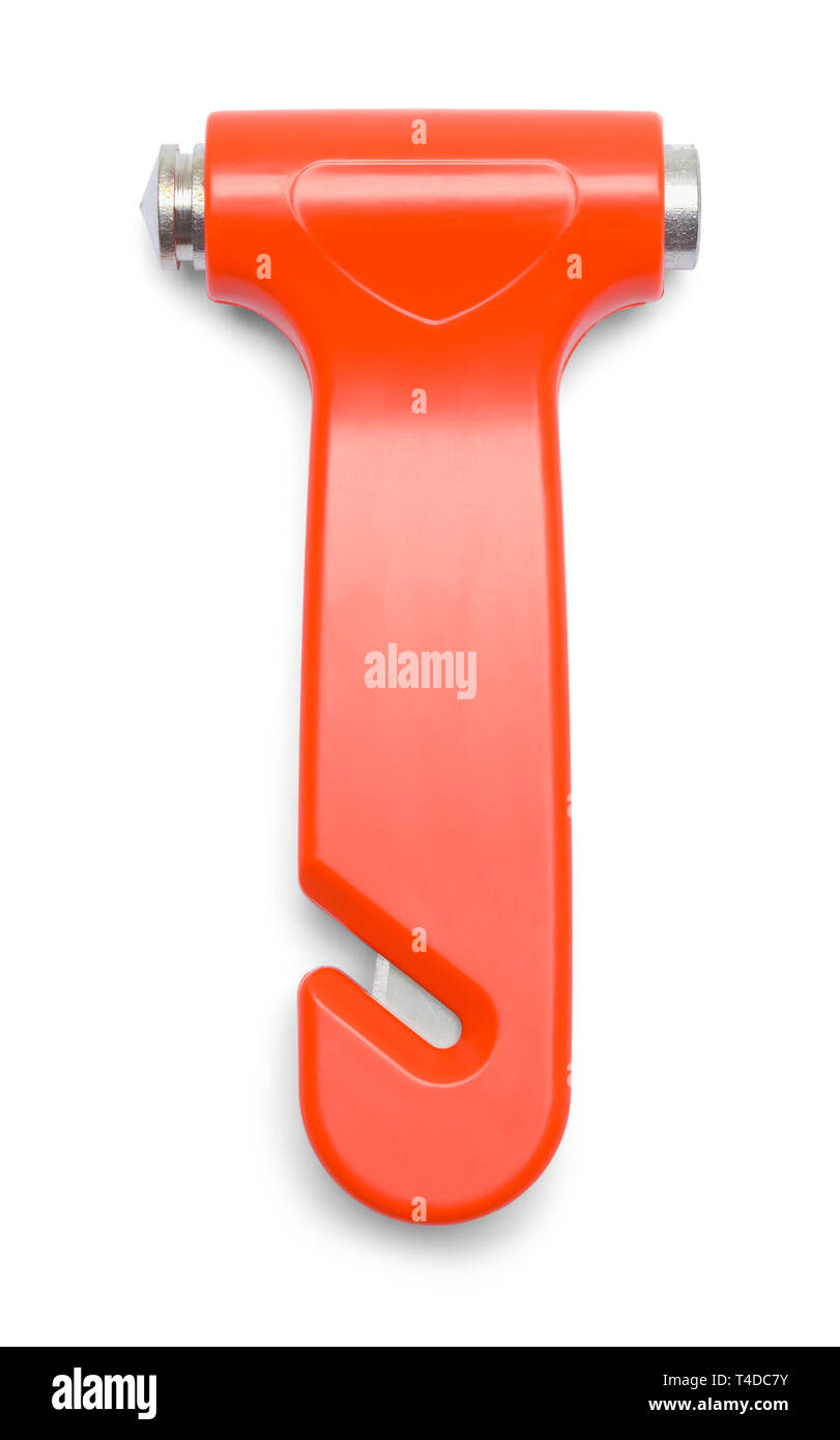 Orange Notausgang Hammer isoliert auf weißem Hintergrund. Stockfoto