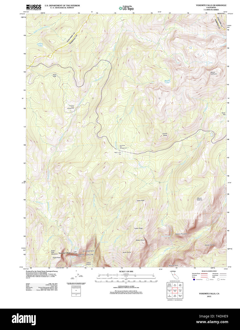 USGS TOPO Karte Kalifornien CA Yosemite Falls 20120306 TM Wiederherstellung Stockfoto