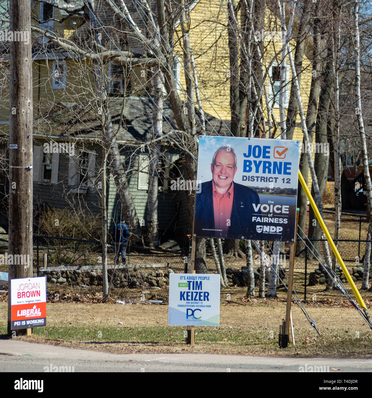 Signages der politischen Parteien bei den Landtagswahlen 2019 (April 23) auf der Straße in Charlottetown, PEI, Kanada Stockfoto