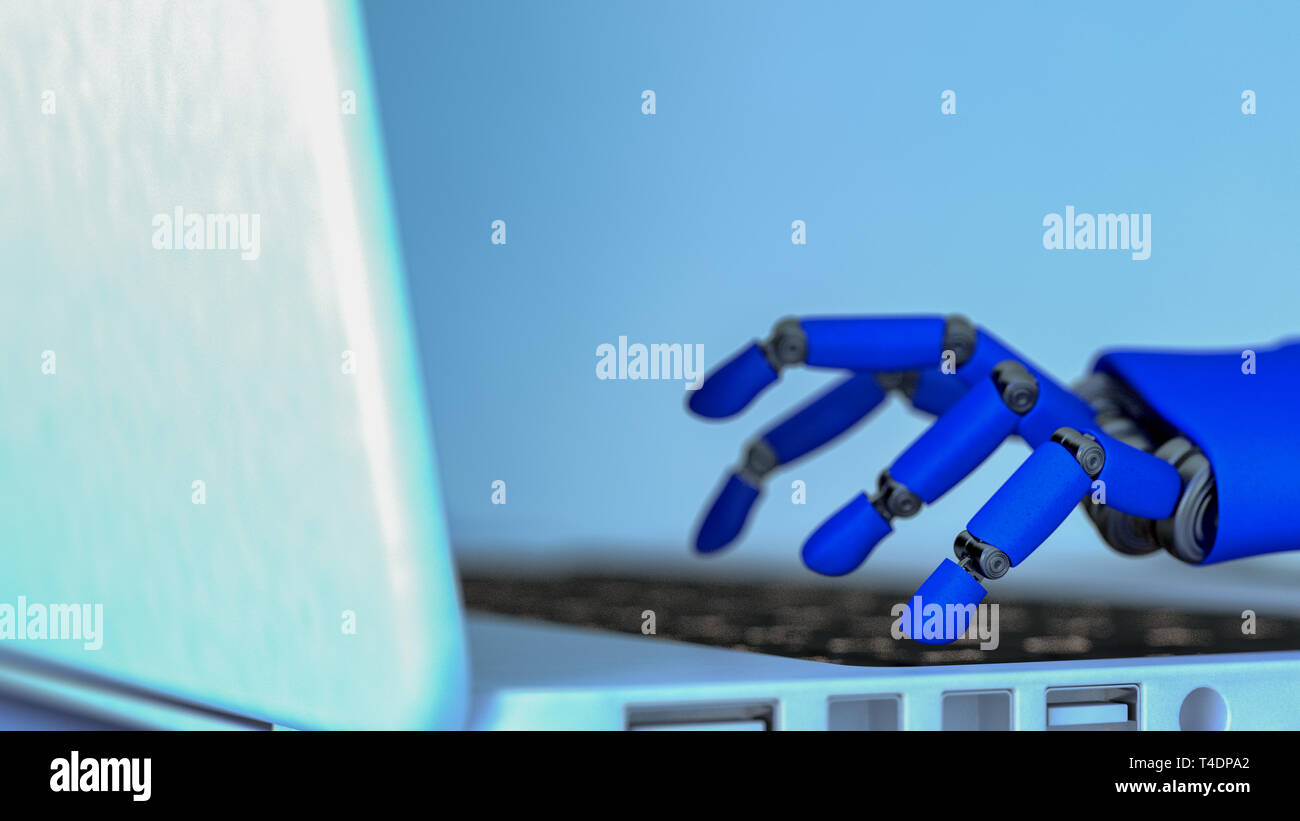 Ein Roboter tritt etwas in den Computer (3D-Rendering) Stockfoto