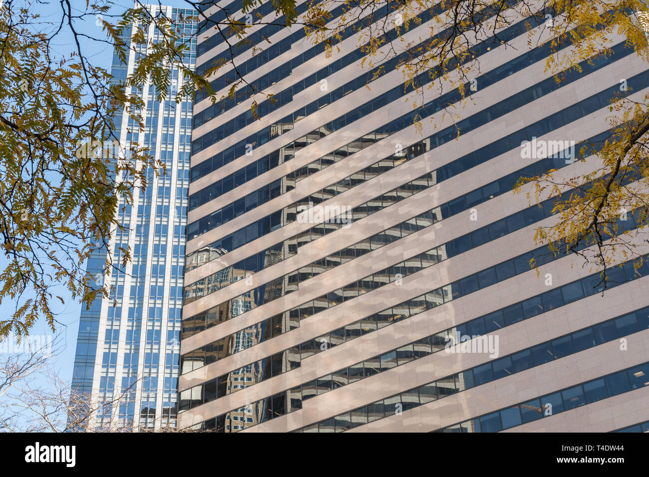 Reflektion von einem Wolkenkratzer auf die Fensterscheiben eines anderen Wolkenkratzer im Finanzviertel von Seattle entfernt. Stockfoto