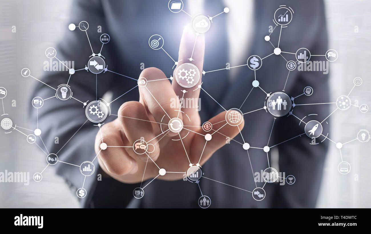 Business Process Workflow Diagramm Struktur Industrielle Automation innovation Konzept auf virtuellen Bildschirm mixed Media Stockfoto