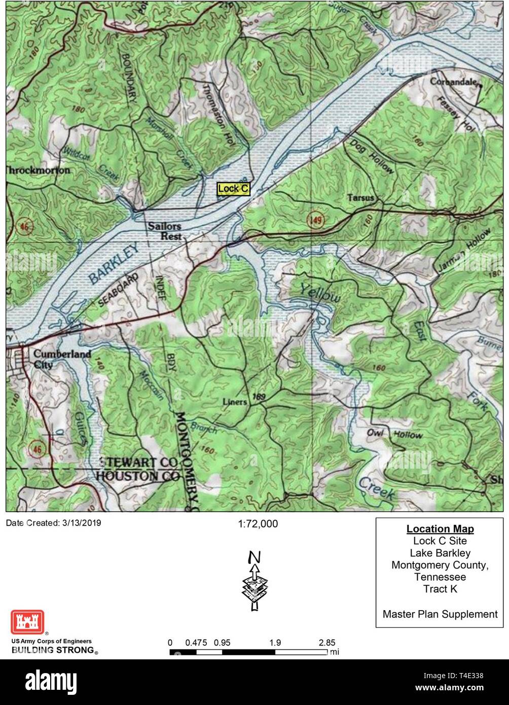 Dies ist eine Karte mit der Lage der Lock C auf dem Cumberland River in Montgomery County, Tenn. Stockfoto