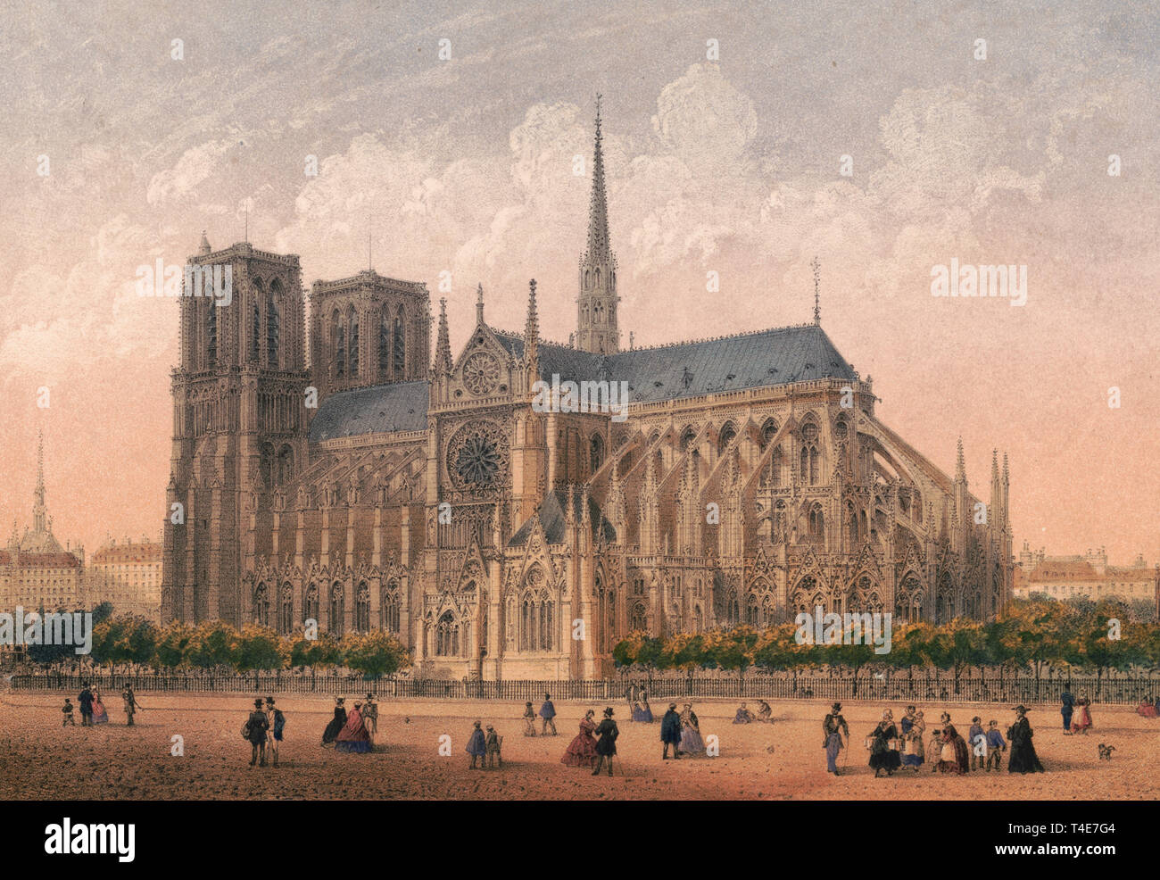 Eine Straße Blick auf Notre Dame, Paris, Frankreich, mit Fußgängern auf der Straße im Vordergrund, ca. 1875 Stockfoto