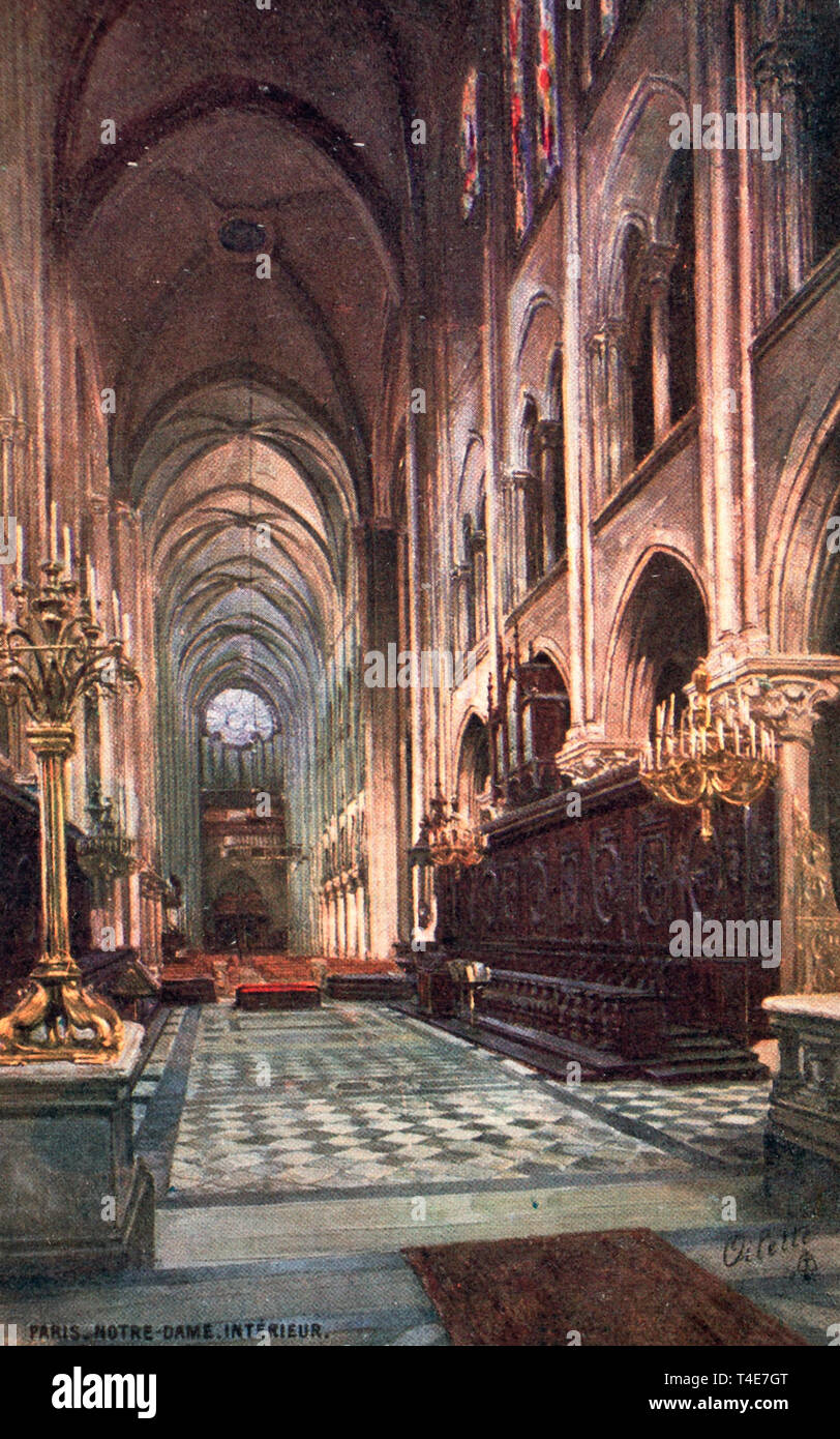 Postkarte der Innenraum der Kathedrale Notre Dame, Paris, um 1900 Stockfoto