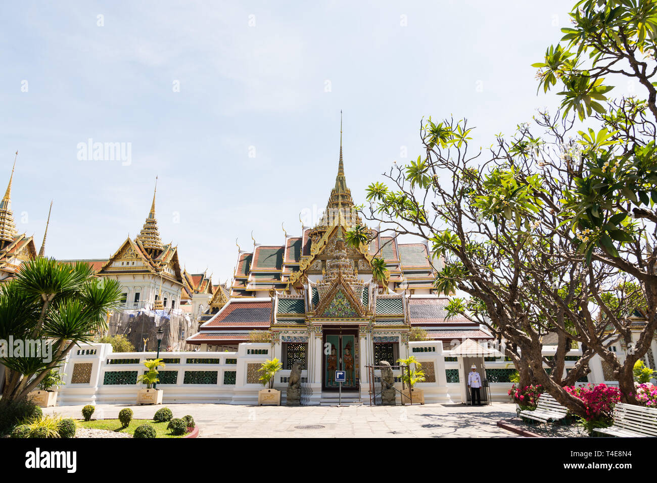 BANGKOK, THAILAND - MÄRZ 2019: Blick über Grand Palace und Chakri Maha Prasat Halle durch die Bäume und Büsche am sonnigen Tag Stockfoto