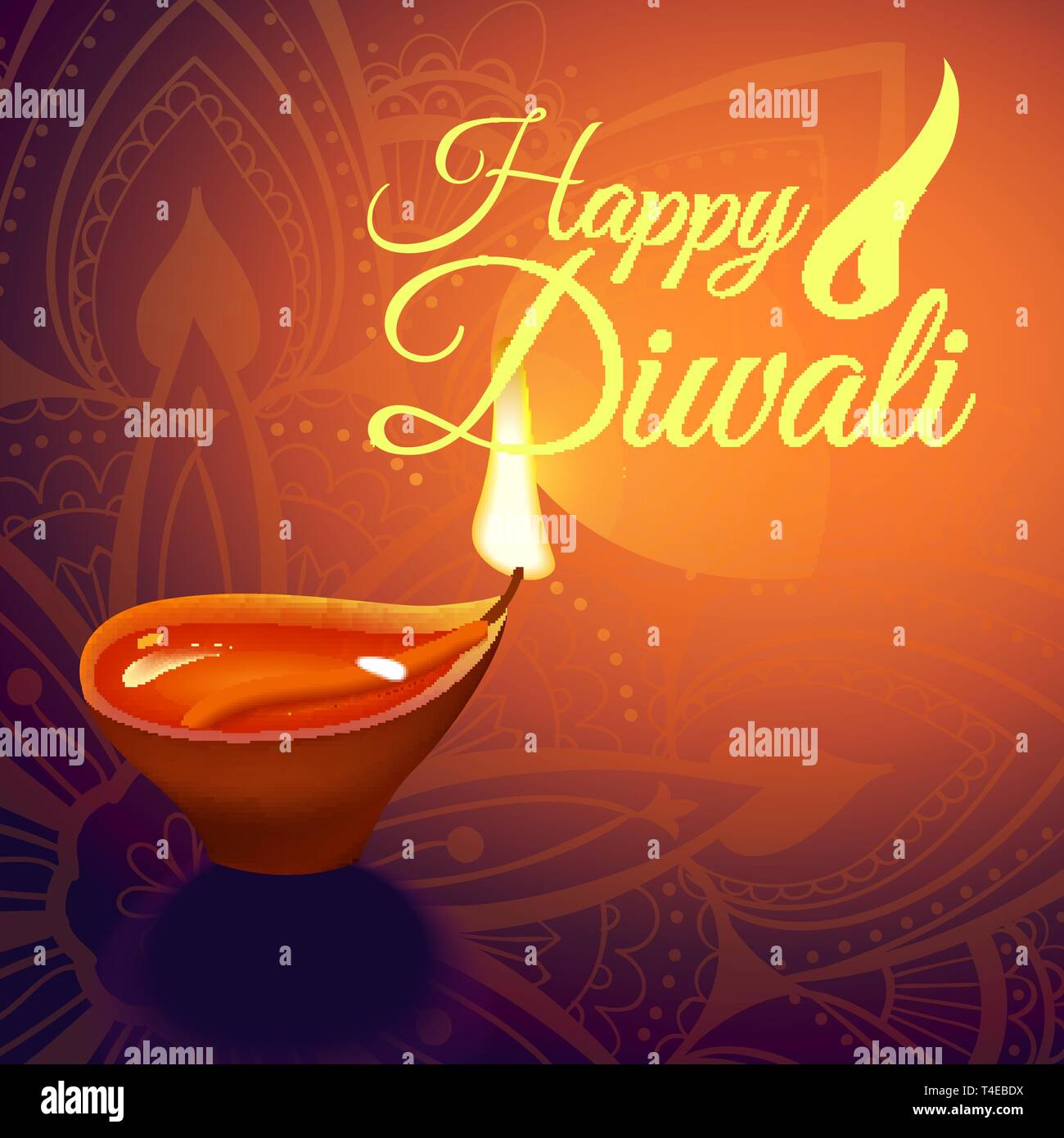 Post-Karte für Diwali Festival mit realistischen indischen Lampe mit Feuer Flamme und Mandalas. Happy Diwali Konzept, Insignia. Typografie, Plakat oder Logo für Stock Vektor