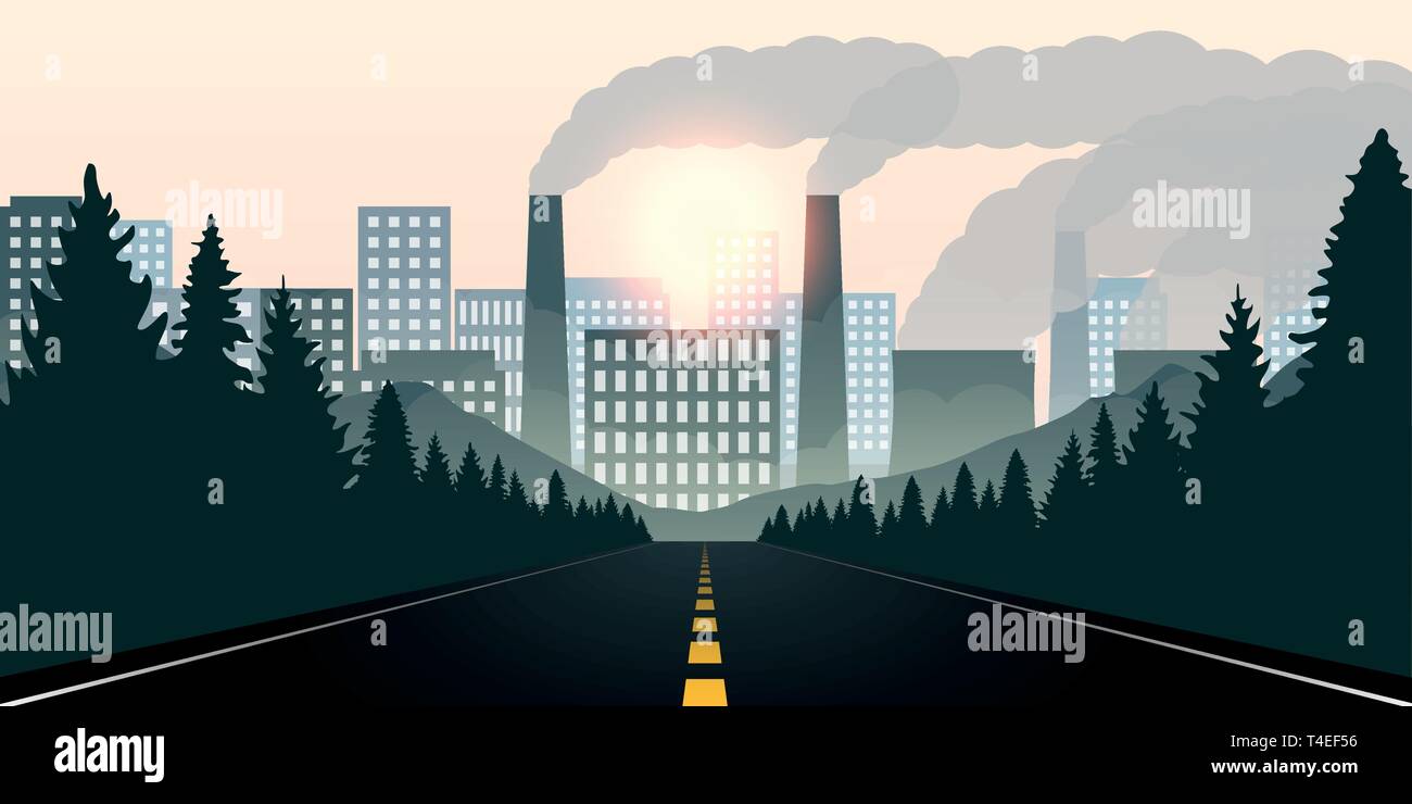 Wald Straße Richtung City und die Umweltverschmutzung durch die Industrie Vektor-illustration EPS 10. Stock Vektor