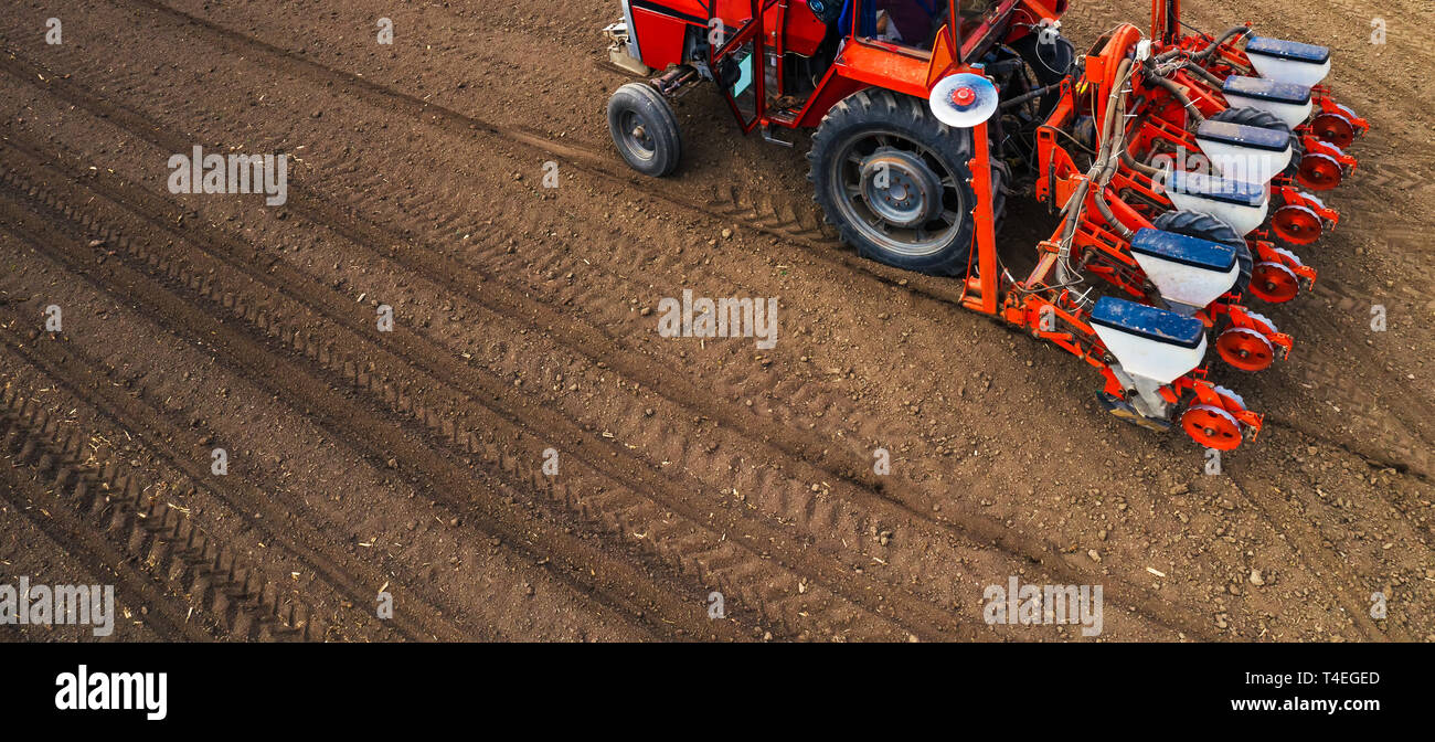 Luftaufnahme des Traktors mit angebautem seeder Durchführung direkter Aussaat von Getreide auf landwirtschaftlichen Feld gepflügt. Bauer ist mit landwirtschaftlichen Maschinen für Plan Stockfoto