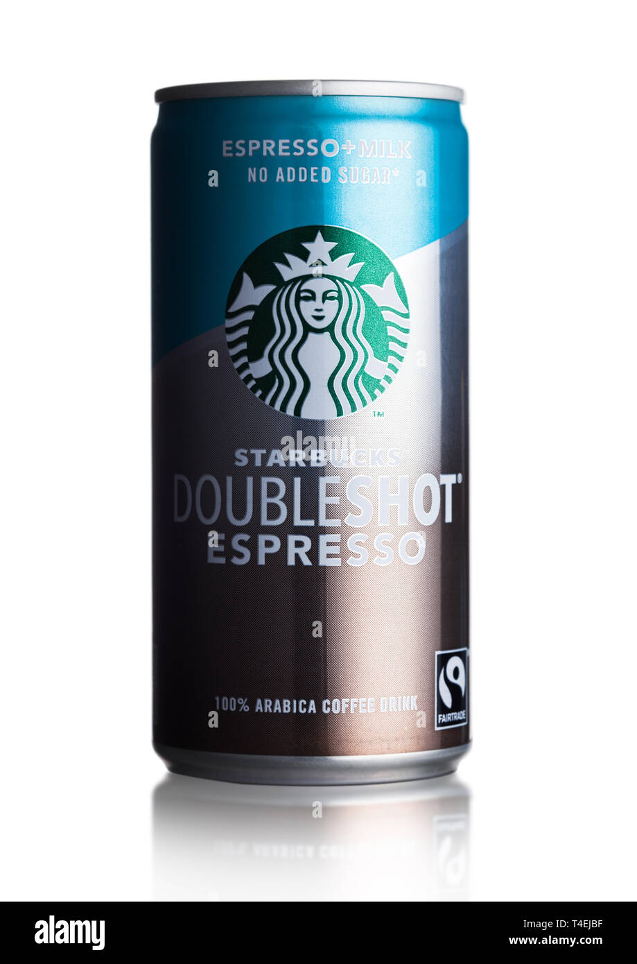 LONDON, Großbritannien - 15 April, 2019: Aluminium kann von Starbucks doubleshot Espresso auf Weiß Stockfoto