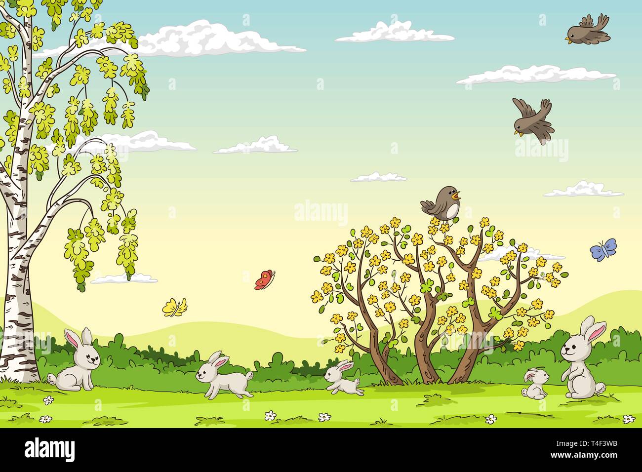 Frühling Landschaft mit Kaninchen. Hand zeichnen Vector Illustration. Stock Vektor