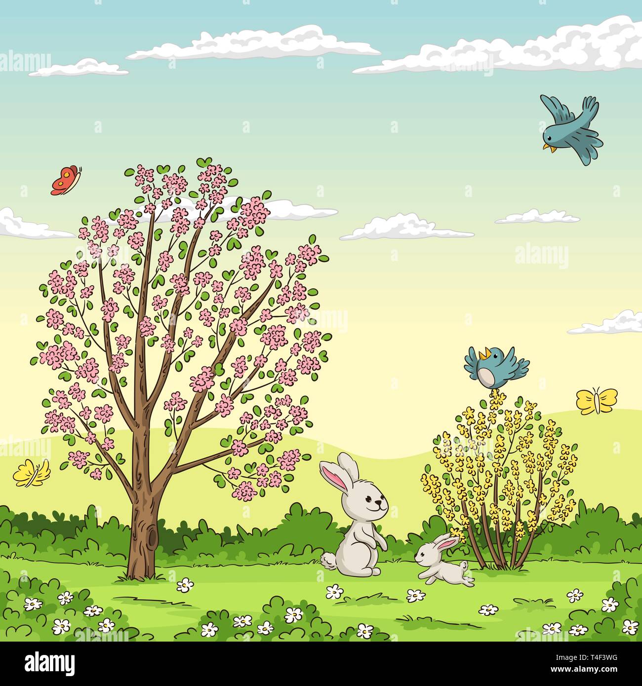 Frühling Landschaft mit Kaninchen. Hand zeichnen Vector Illustration. Stock Vektor