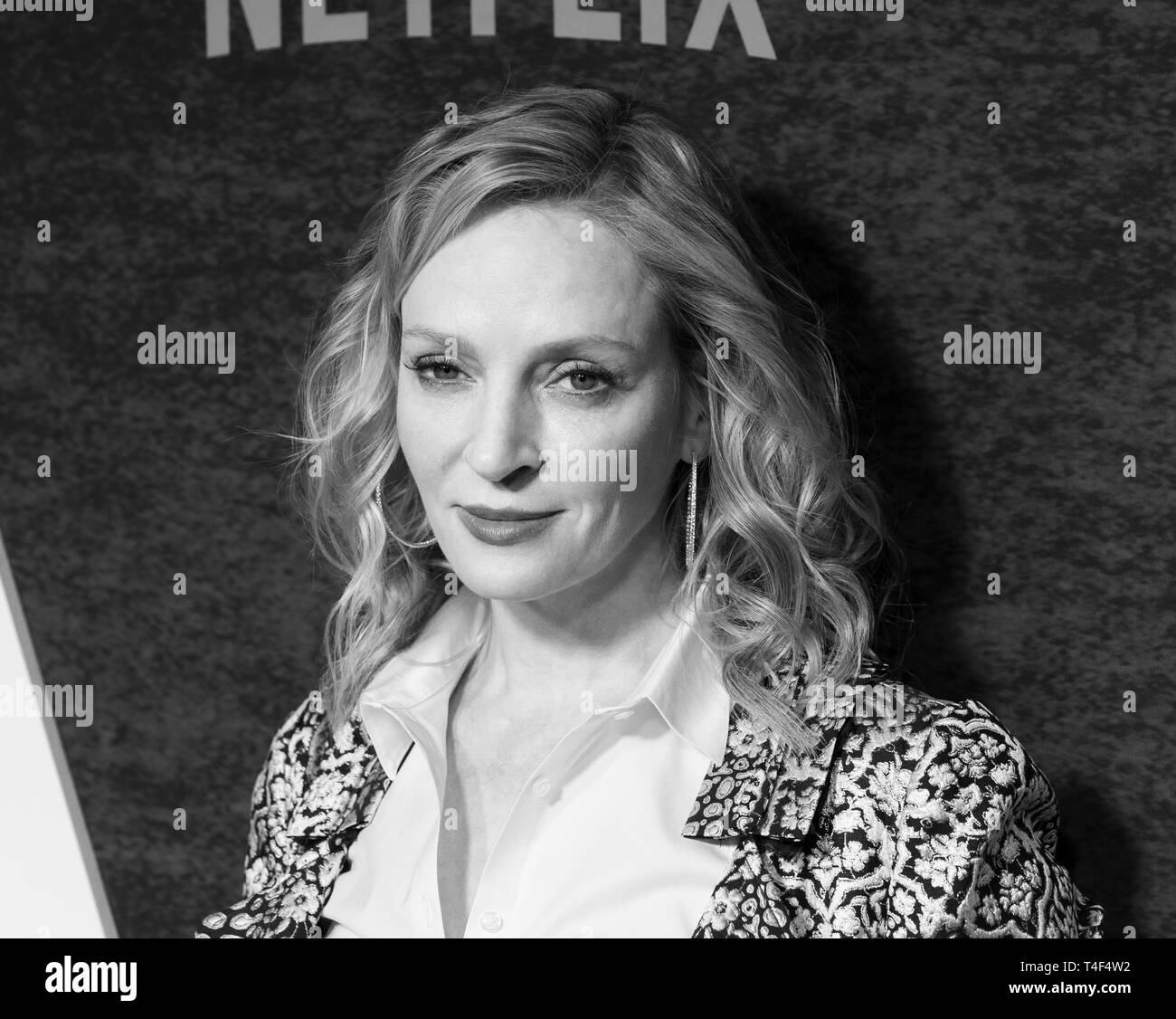 New York, NY - 15. April 2019: Schauspielerin Uma Thurman nimmt von Netflix Saison Kammern 1 New York Premiere auf Metrograph Stockfoto