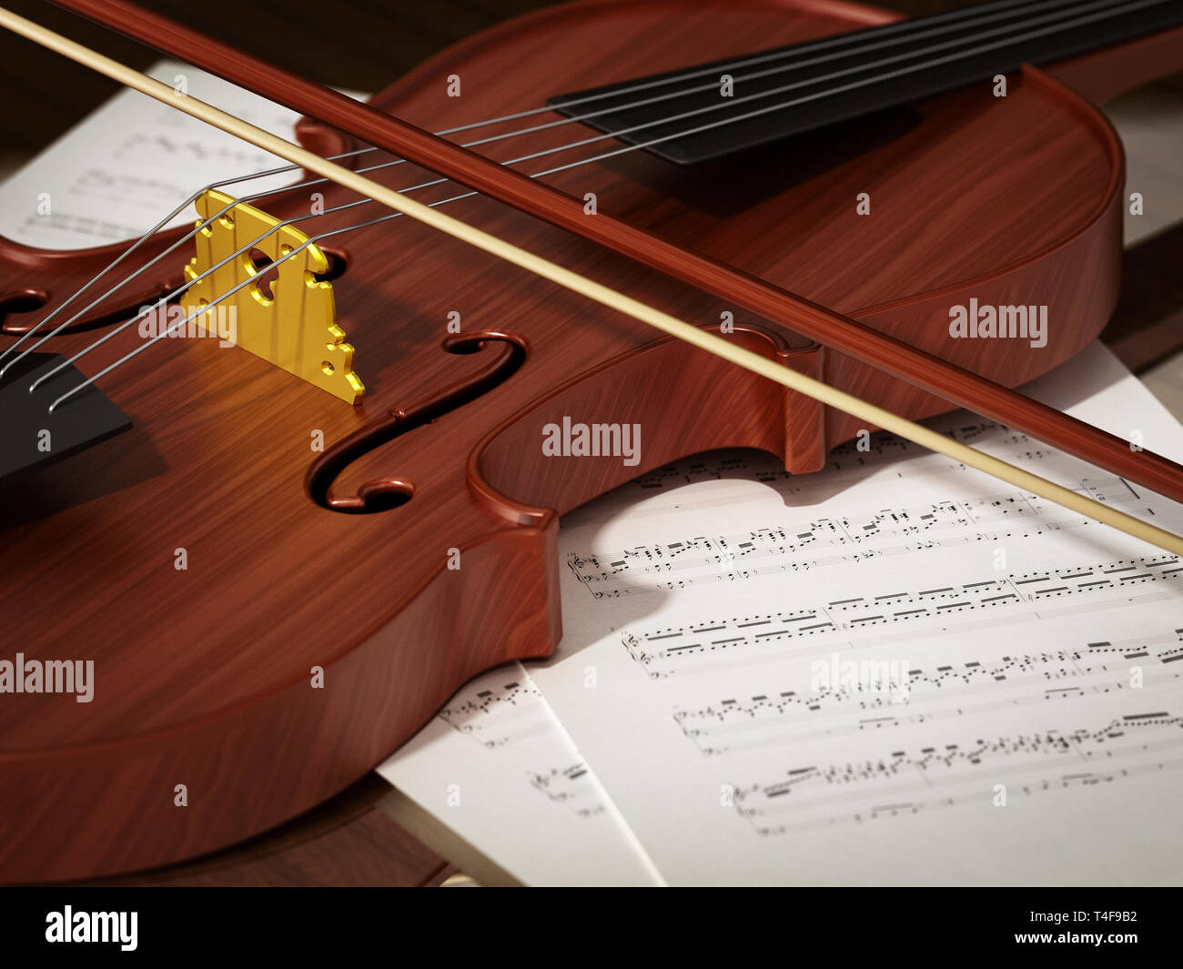 Nahaufnahme von Geige stehend auf Musik. 3D-Darstellung. Stockfoto