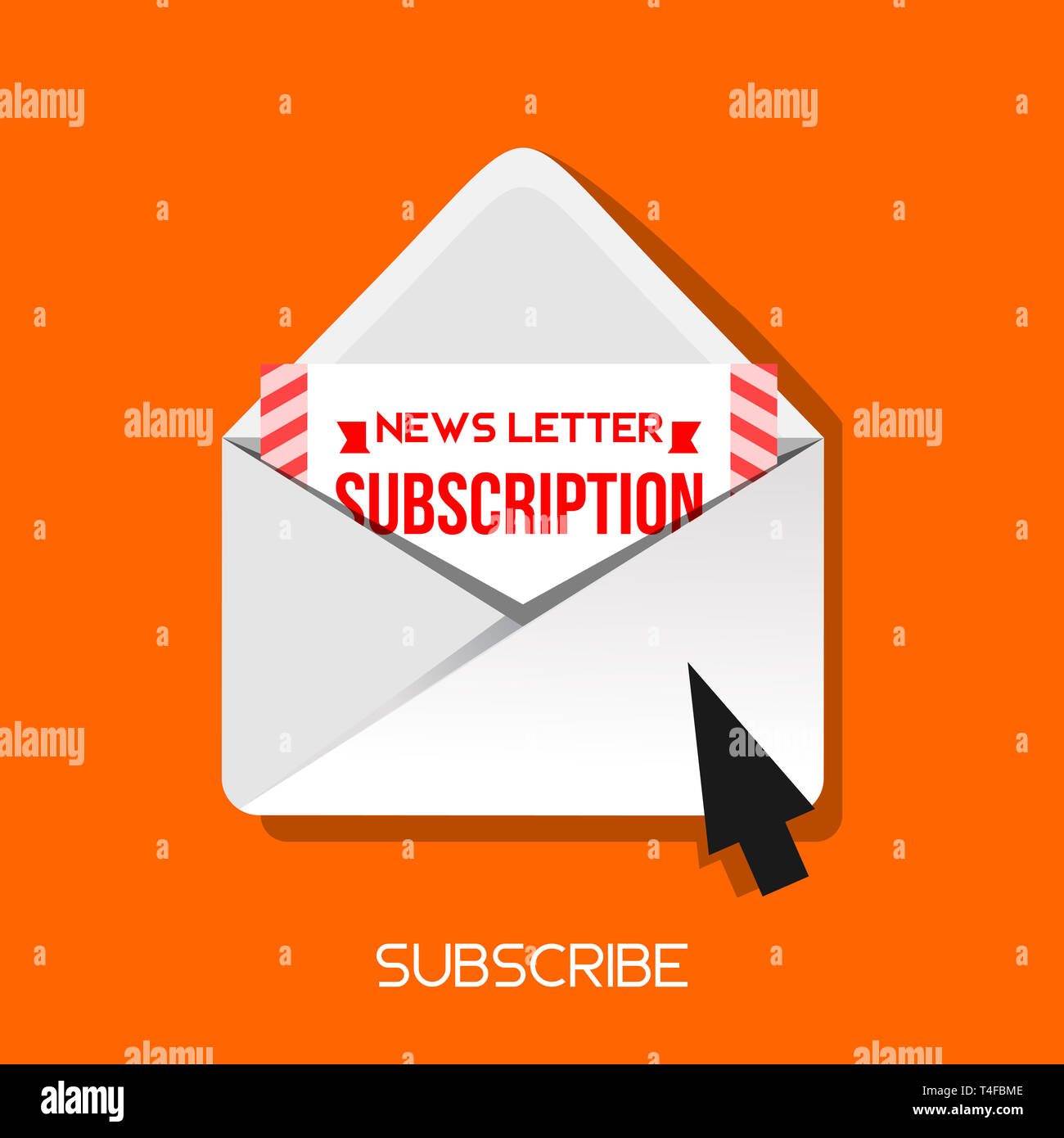 Symbol "E-mail Newsletter E-mail Symbol mit Cursor in gelbes Quadrat Hintergrund mit Shadow Flat Style Abbildung abonnieren Stockfoto