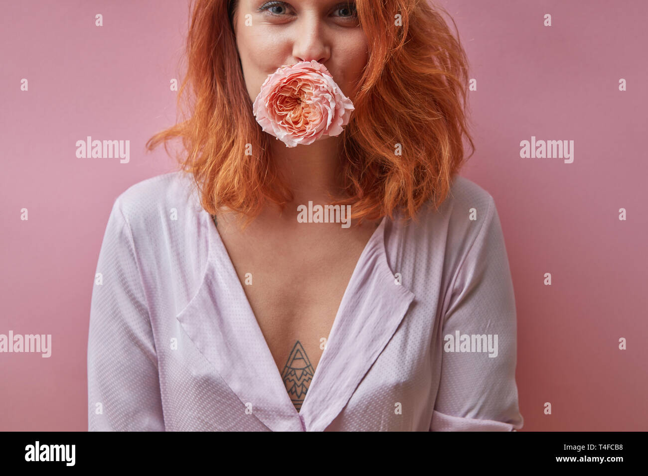 Pretty Woman Holding a rose bud in den Mund um einen rosa Hintergrund mit kopieren. Valentinstag Stockfoto