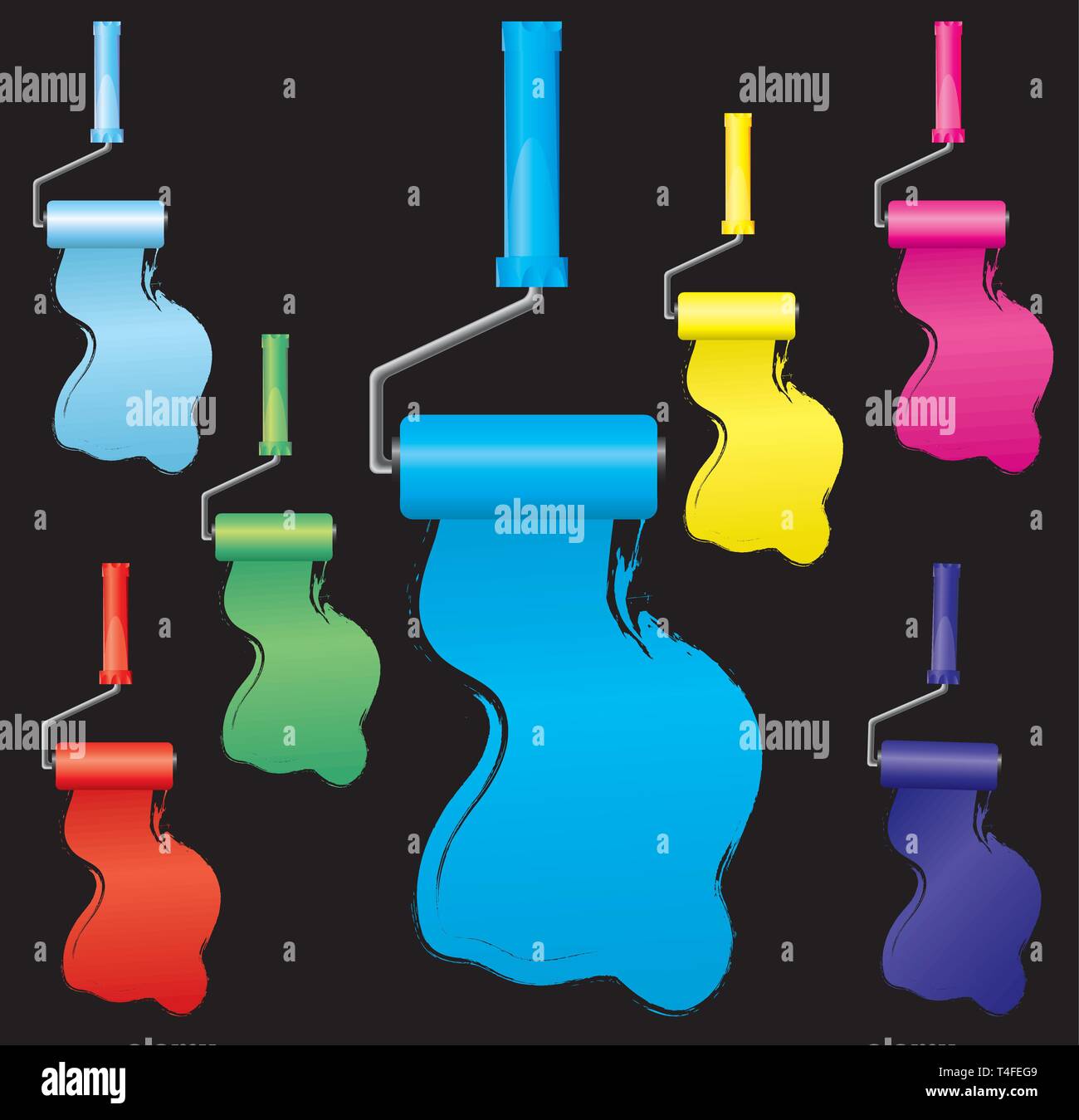 Set aus bunten Farbroller Bürsten, Teil 3, Vector Illustration. Umfasst Farben: Blau, Hellblau, Marine, Gelb, Rot, Pink, Grün. Stock Vektor