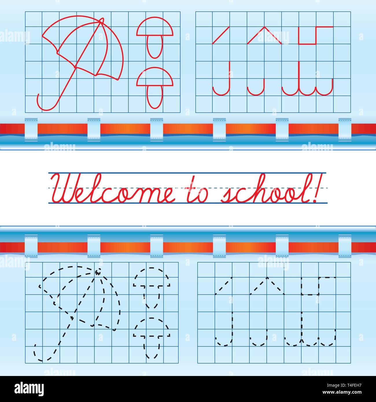 Welcome Card mit roter Schleife zur Schule, Vektor, Abbildung Stock Vektor