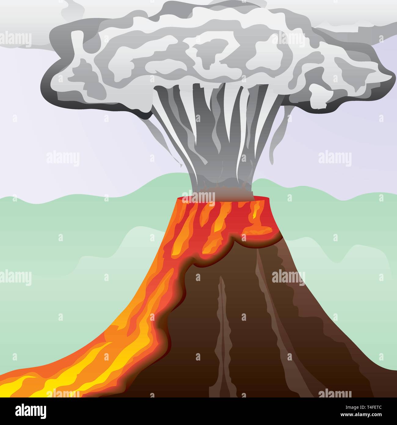 Rauchender Vulkan mit feurigen Lava und große Rauchsäule, Vector Illustration Stock Vektor