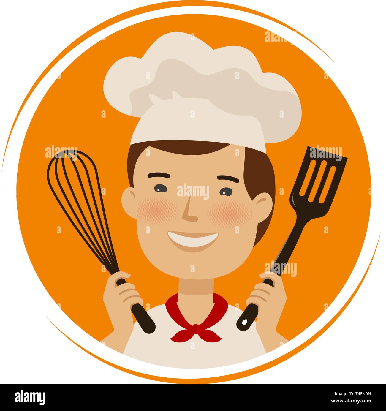 Bäckerei, Küche Logo. Cute Koch in Hut mit Küche Werkzeuge in den Händen. Cartoon Vector Illustration Stock Vektor