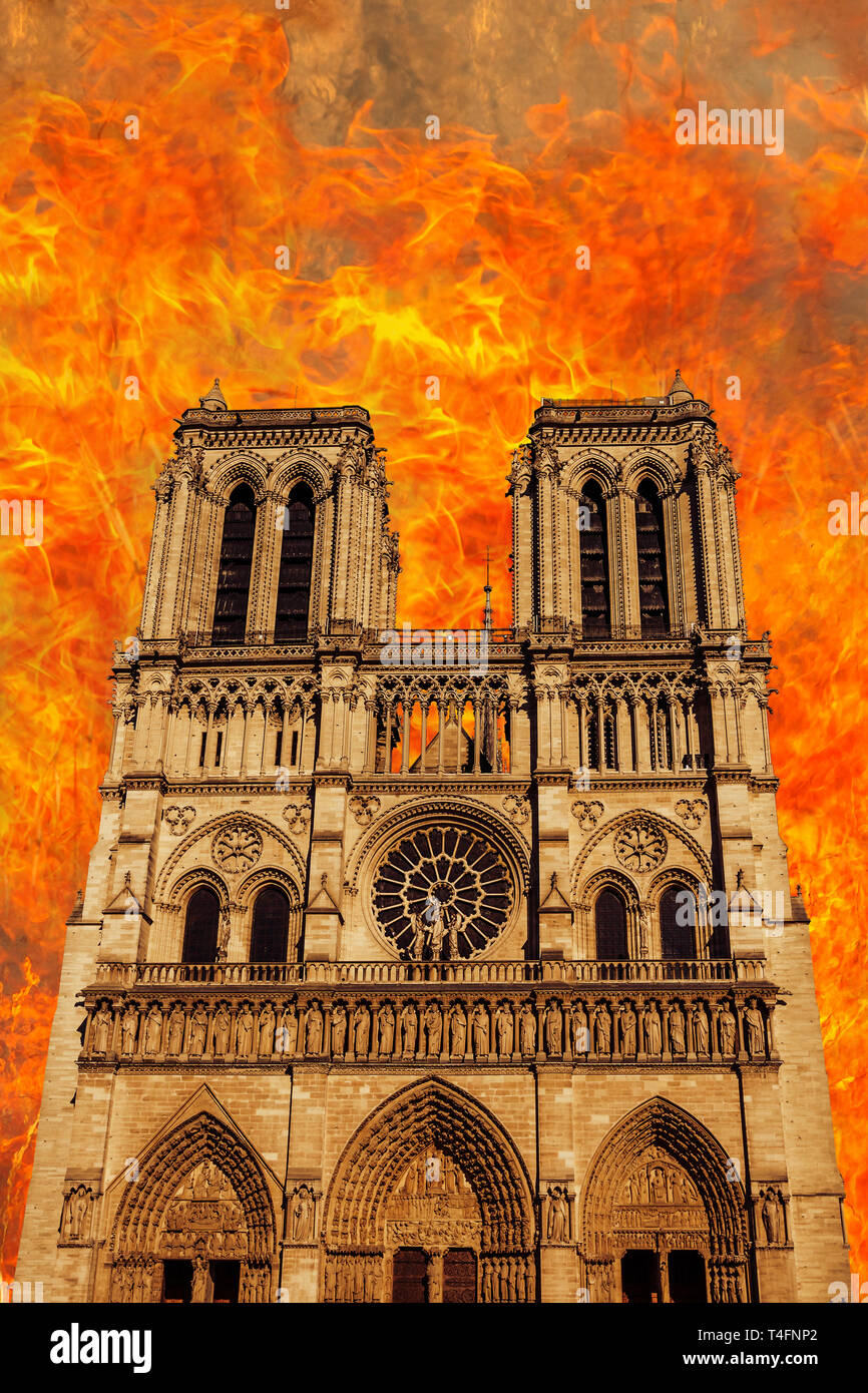 Zusammensetzung der Brand in französischen gotischen Architektur der Kathedrale Notre Dame von Paris, Frankreich im April 2019. Unsere Liebe Frau von Paris Kirche. Zentralen Stockfoto