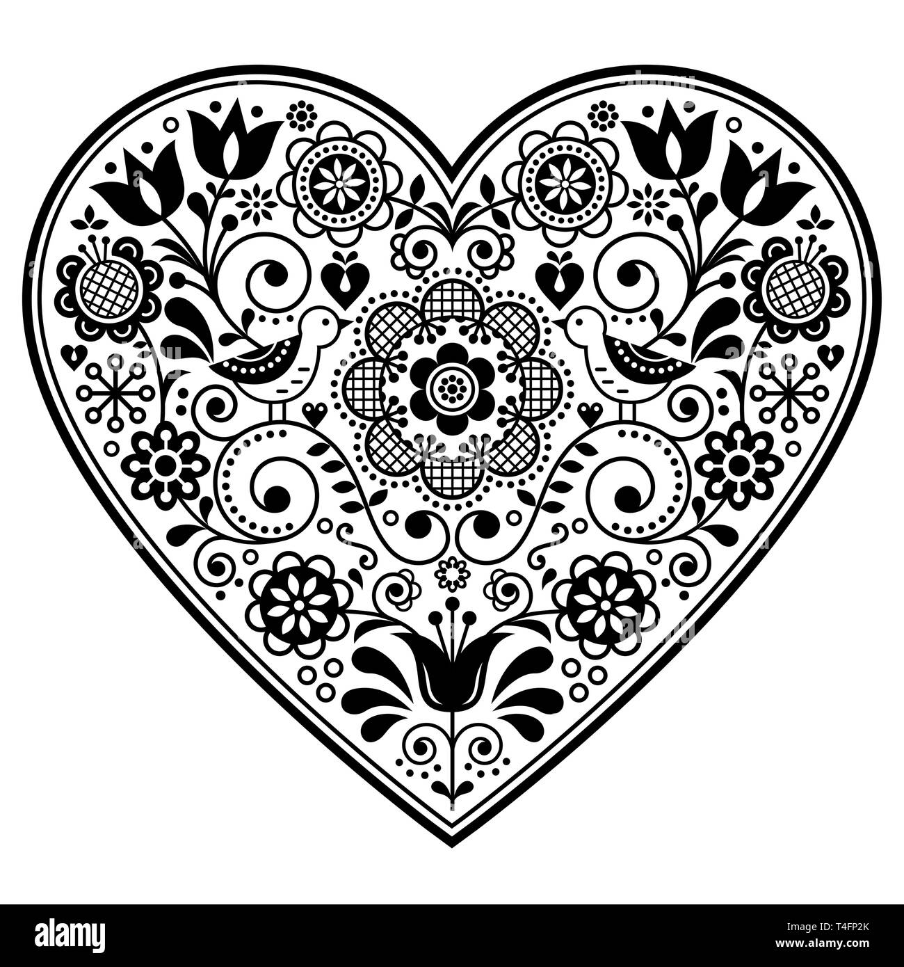 Scandinavian Folk Herz vektor design, Valentinstag, Geburtstag oder Hochzeit Grußkarte, florales Muster, in Schwarz und Weiß Stock Vektor