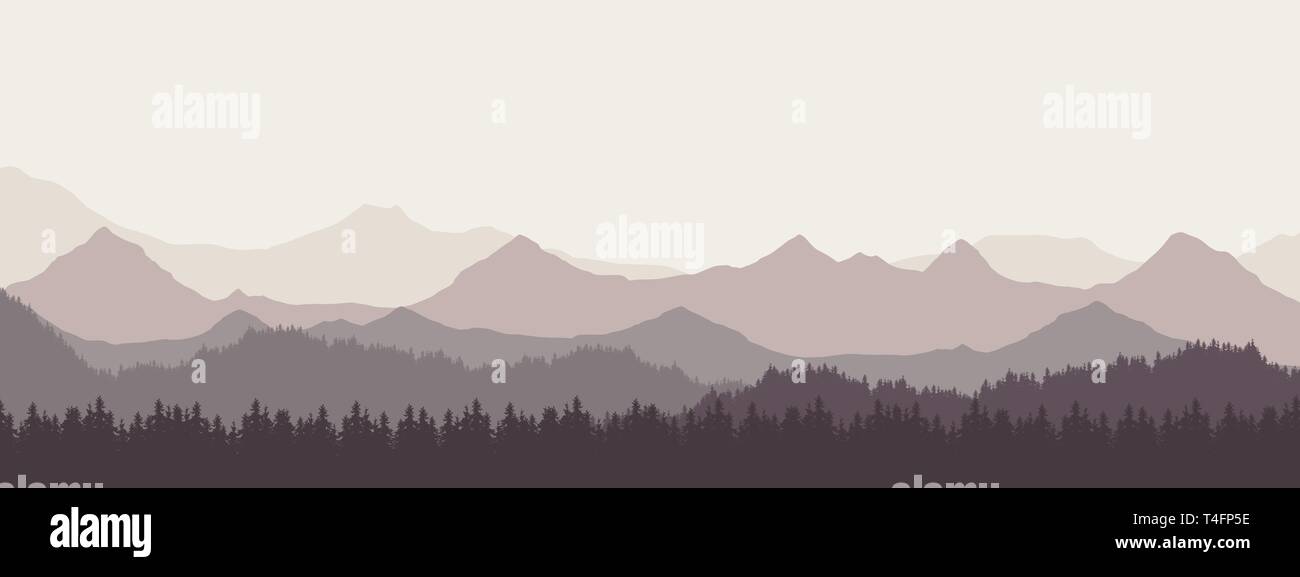 Breitbild-realistische Darstellung der Berglandschaft mit Wald und Hügel unter Retro grauer Himmel und Nebel - Vektor geeignet als Banner Stock Vektor