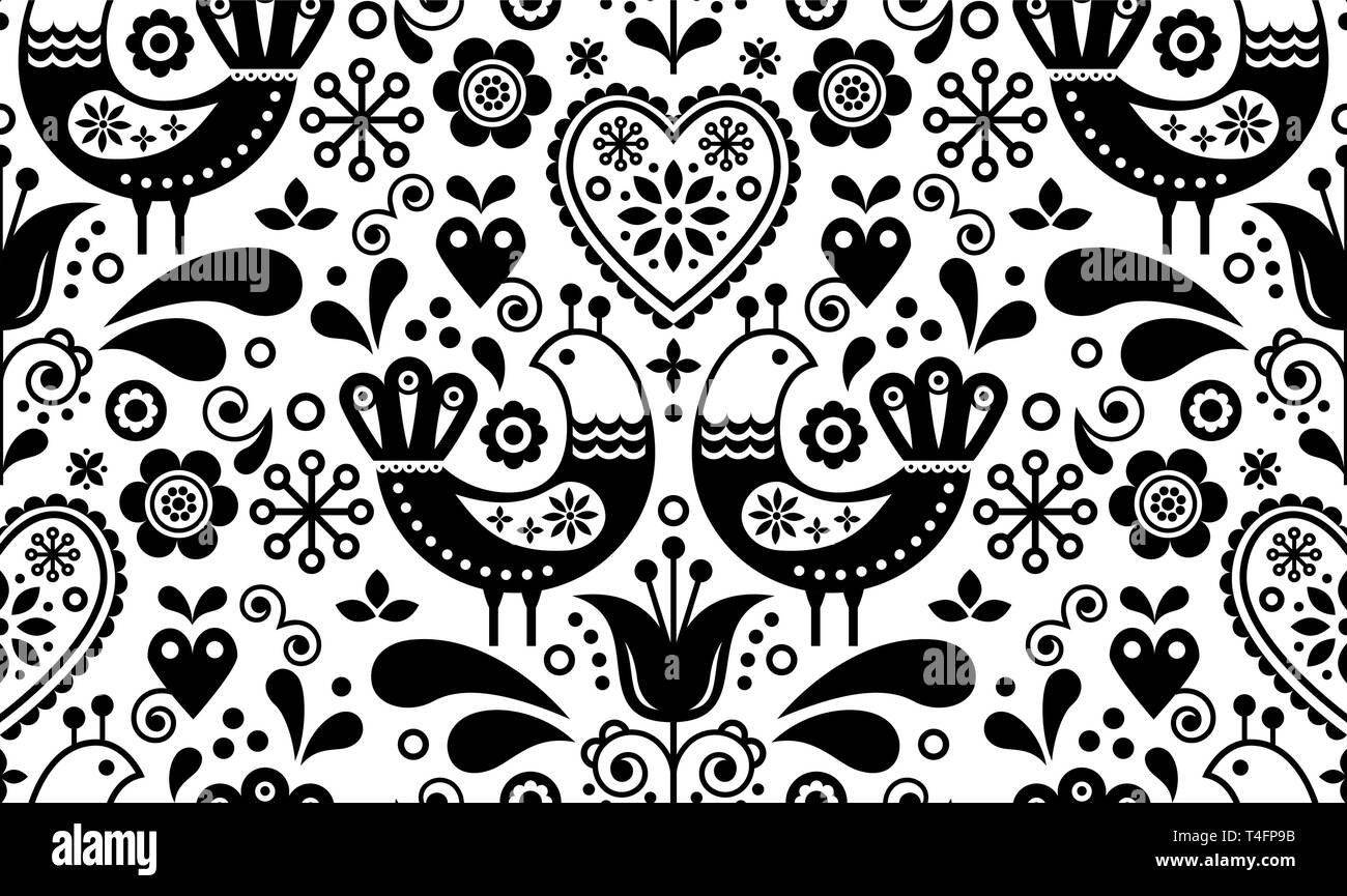 Skandinavische nahtlose Volkskunst Muster mit Vögel und Blumen, Nordic florale Dessin, retro Hintergrund in Schwarz und Weiß. Retro schwarz floral zurück Stock Vektor