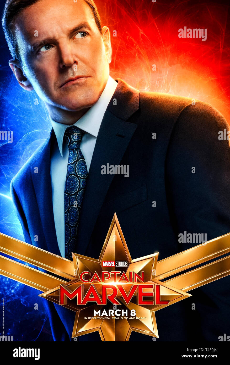Captain Marvel (2019) unter der Regie von Anna Boden und Ryan Fleck mit Brie Larson, Samuel L. Jackson und Clark Gregg als Agent Coulson. Die USAF-Pilotin Carol Danvers wird zu einem der mächtigsten Superhelden im Universum. Stockfoto