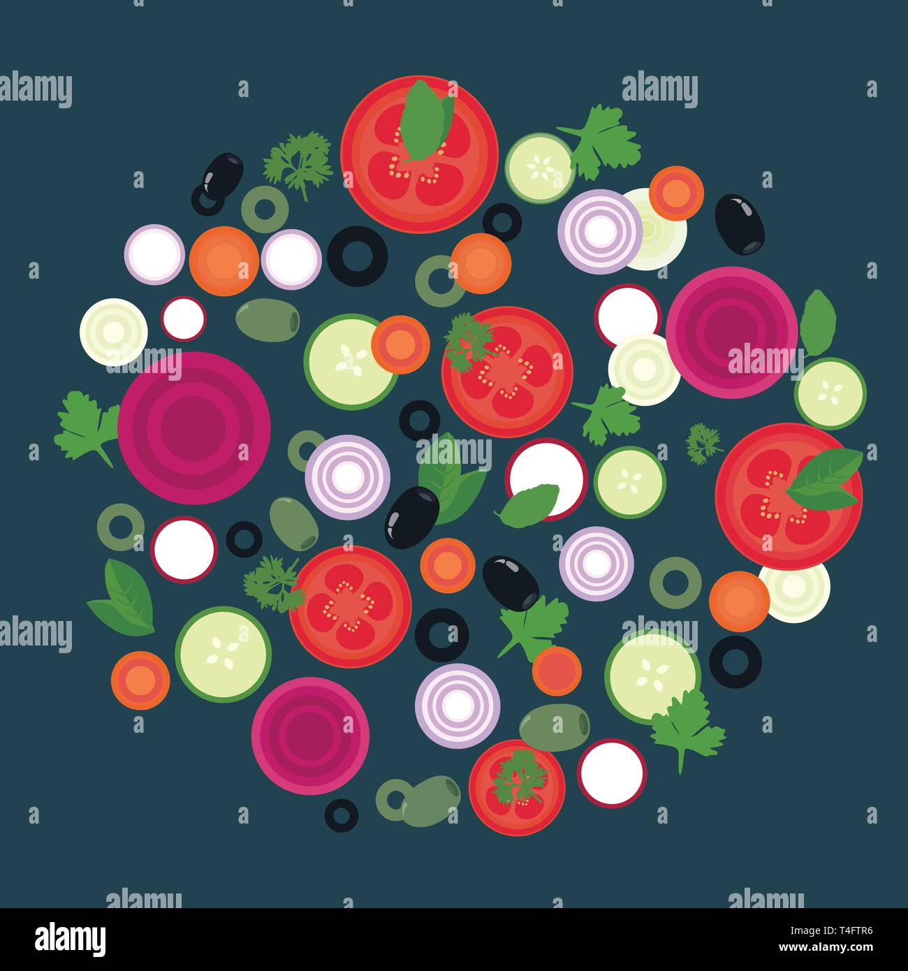 Flaches Design Illustration von pflanzlichen Schichten in kreisförmiger Anordnung, geeignet für Menü für das Kochen oder Essen-Vektor Stock Vektor
