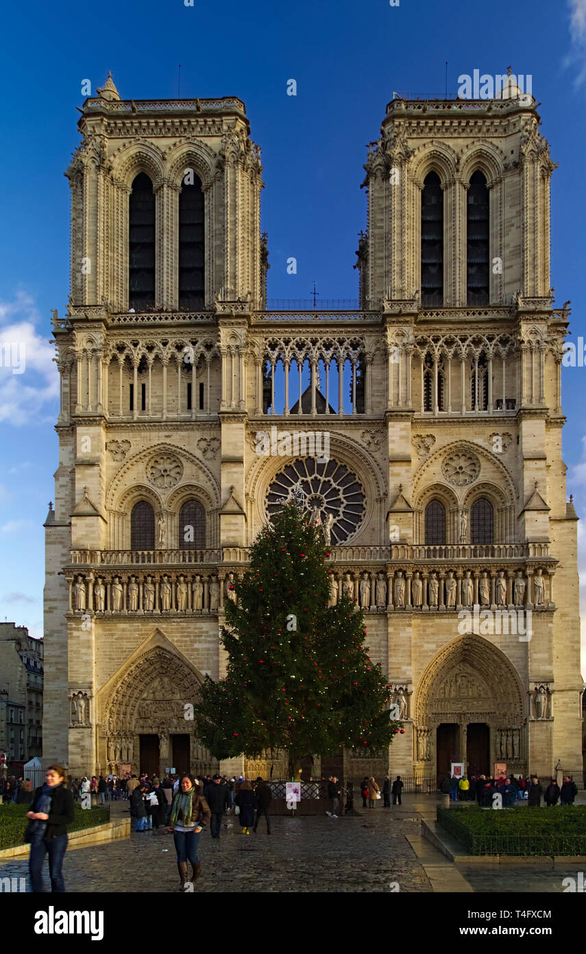 Die Kathedrale Notre Dame de Paris, Frankreich. Winter blauer Himmel mit einigen Wolken. Vorderansicht. Letzten Weihnachten Foto. Stockfoto