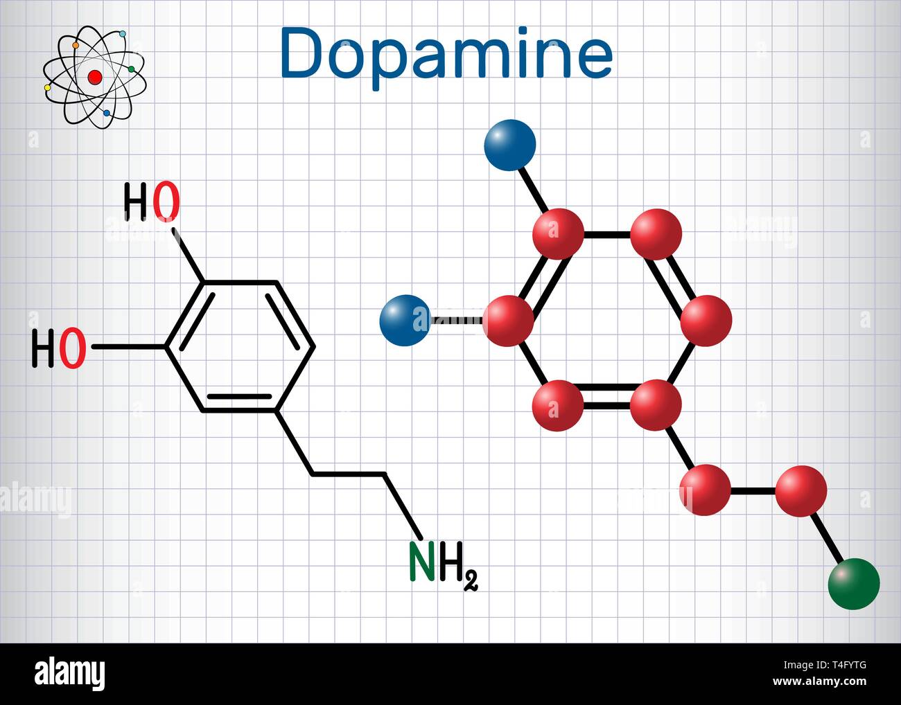 Dopamin (DA)-Molekül. Strukturelle chemische Formel und Molekül-Modell. Blatt Papier in einem Käfig. Vector Illustration Stock Vektor