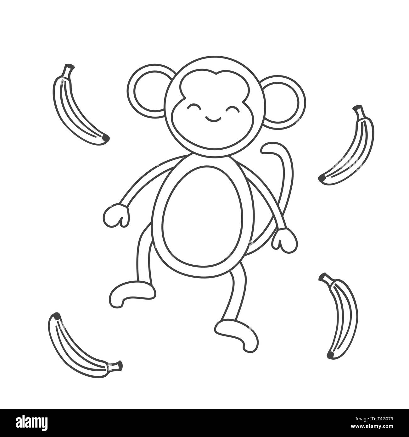 Cute cartoon schwarze und weiße Affe mit Banane Vector Illustration für die Einfärbung von Kunst Stock Vektor