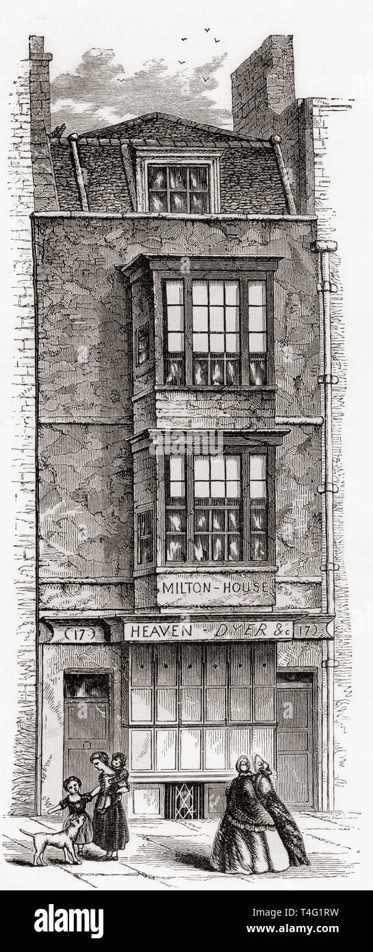 Das Haus von John Milton in der Barbican, London, England, hier im 19. Jahrhundert, das Haus wurde im Jahr 1864 abgerissen. John Milton, 1608 - 1674. Englischer Dichter, Polemiker, Literat und Beamter. Von London Bilder, veröffentlicht 1890 Stockfoto