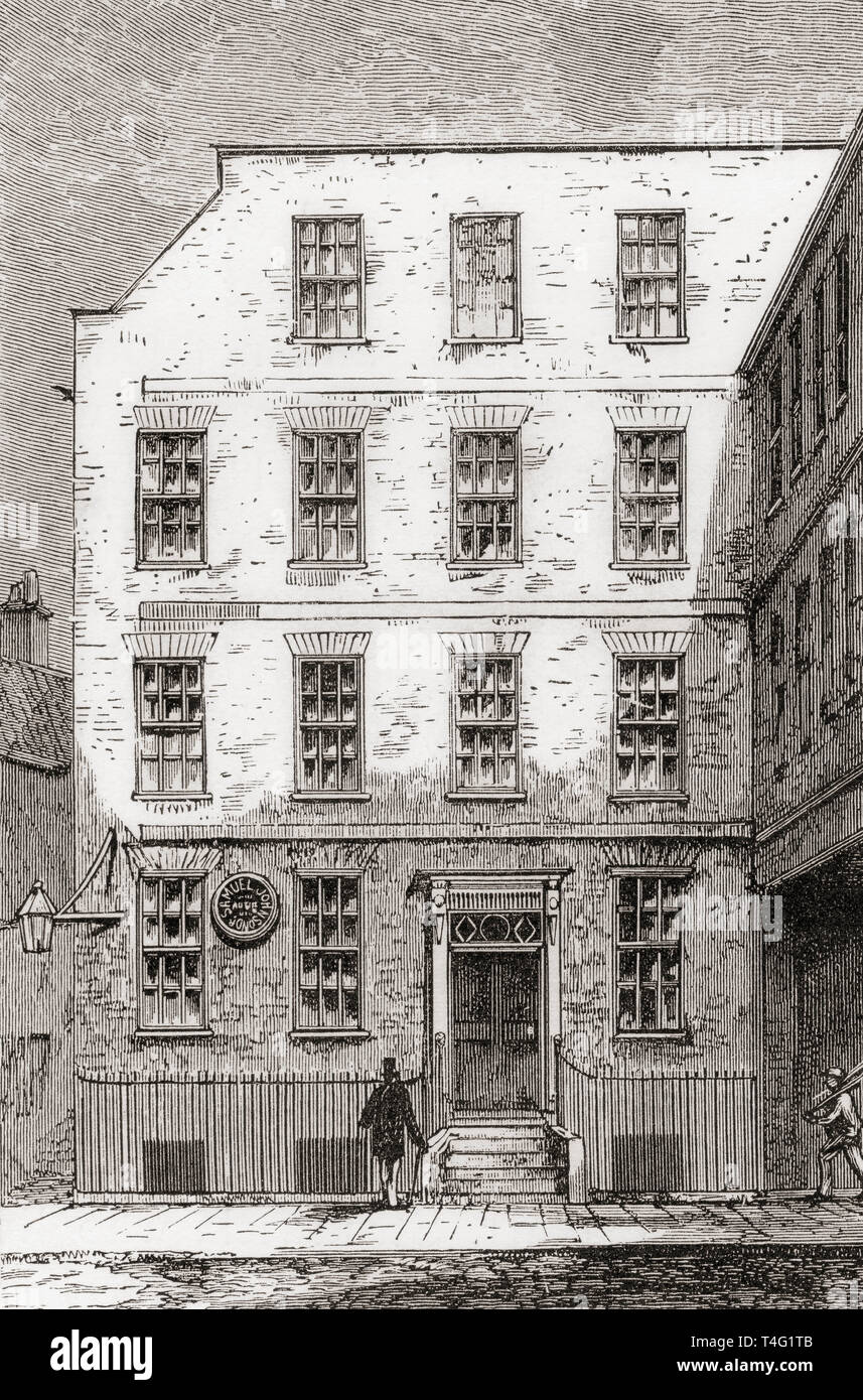 Die Heimat von Samuel Johnson, 17 Gough Square, London, England, hier im 19. Jahrhundert. Samuel Johnson, 1709-1784, alias Dr. Johnson. Englischer Schriftsteller, Dichter, Dramatiker, Essayist, Moralist, Literaturkritiker, Biograph, Editor und Lexikograph. Von London Bilder, veröffentlicht 1890 Stockfoto