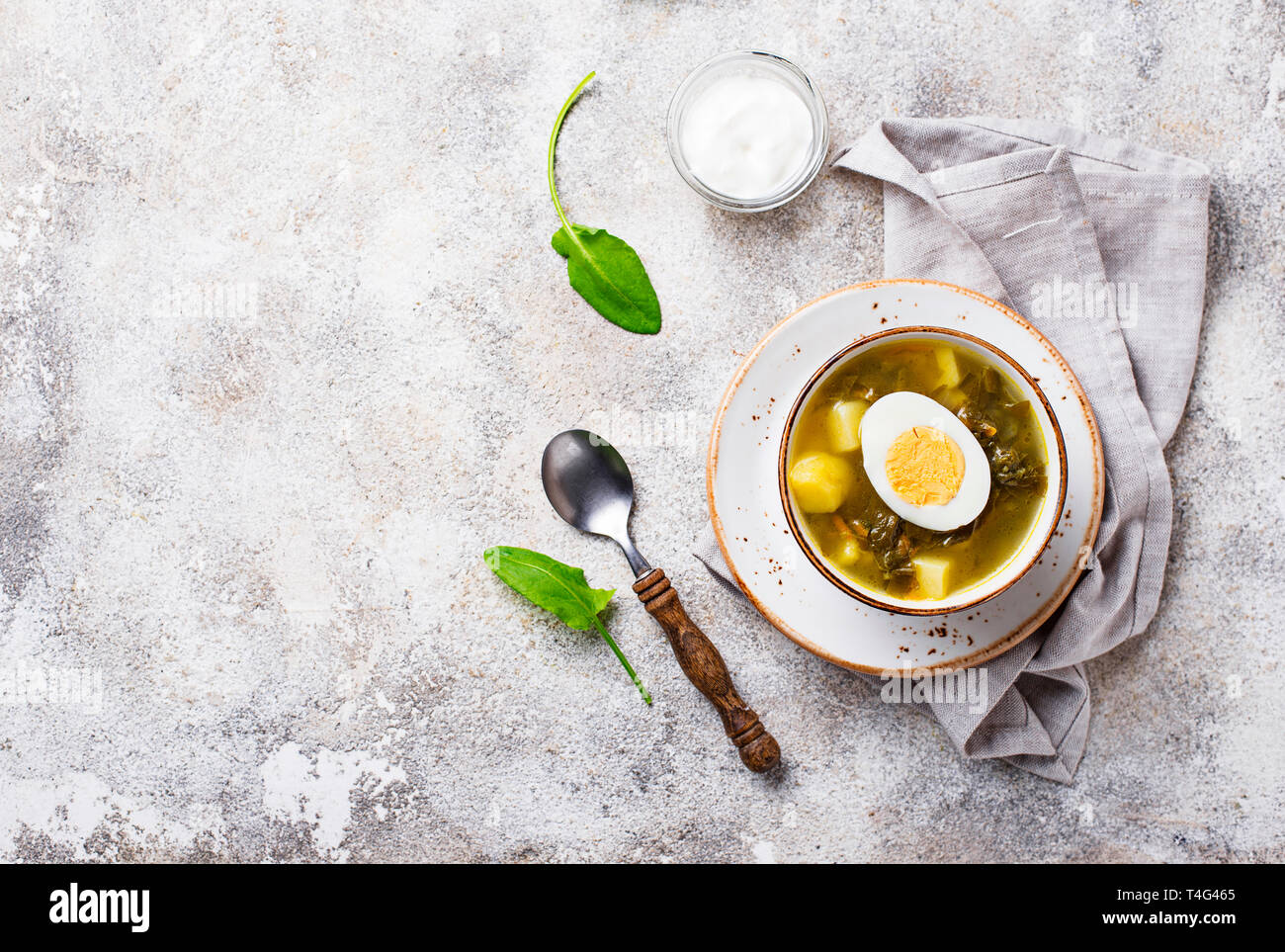 Sauerampfersuppe oder grüner Borschtsch mit Eiern Stockfoto