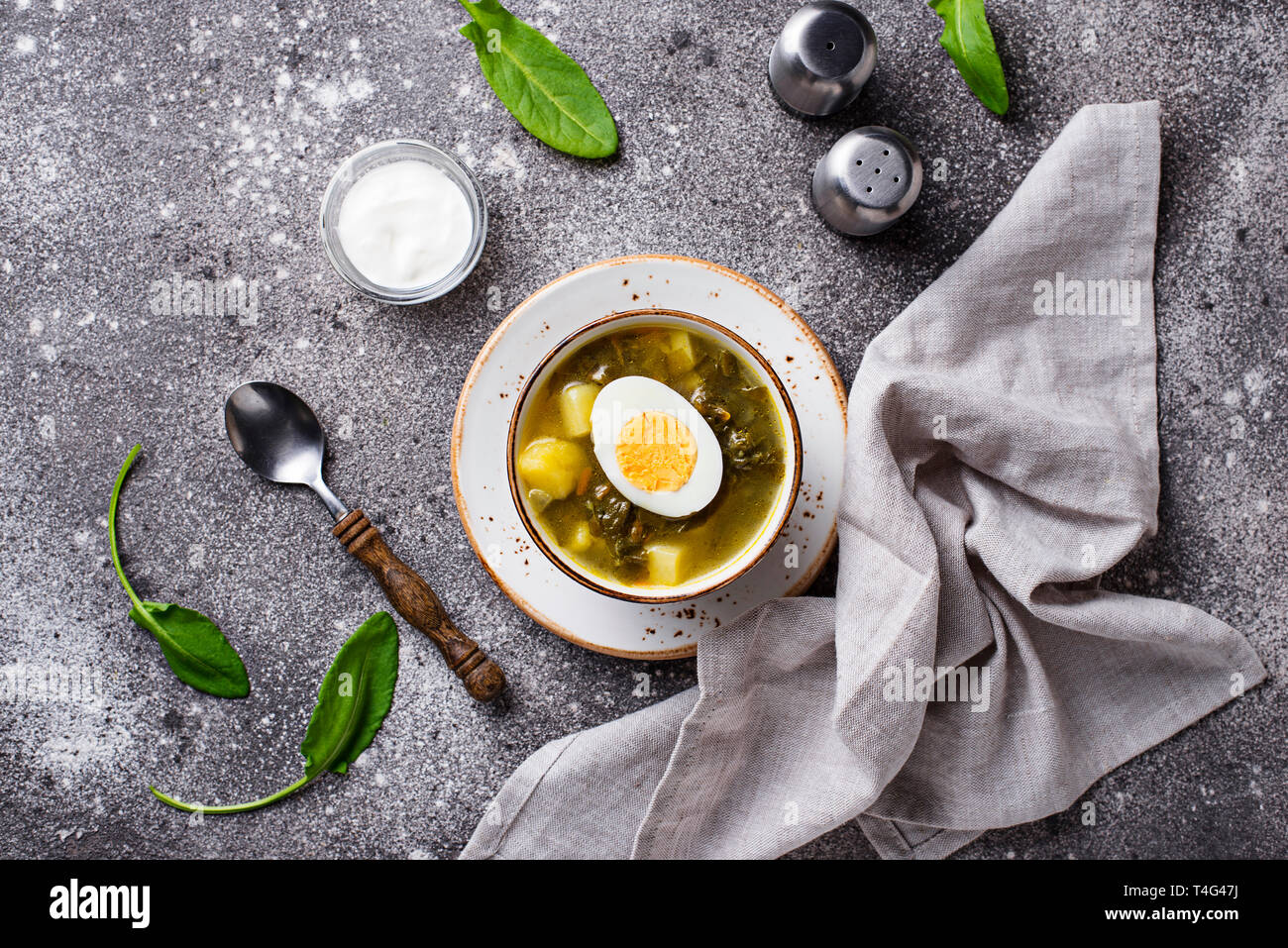 Sauerampfersuppe oder grüner Borschtsch mit Eiern Stockfoto