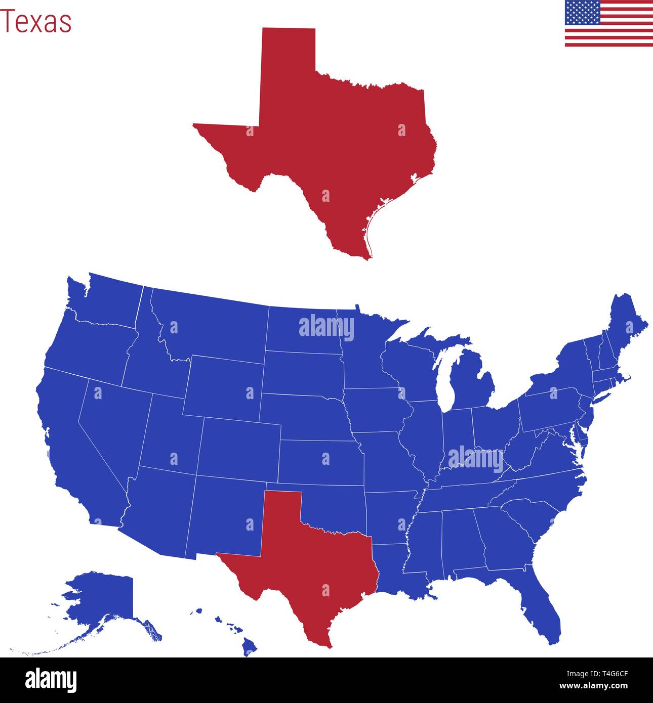 Der Staat Texas ist rot markiert. Blue Vector Karte der Usa, eingeteilt in verschiedene Staaten. Karte der USA aufgeteilt in einzelne Stat Stock Vektor