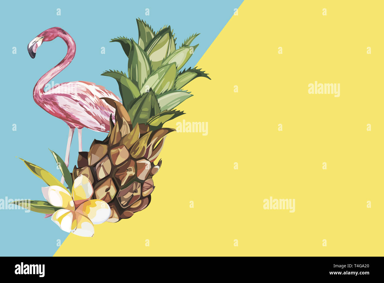 Ananas mit tropischen Blumen und Flamingo. Element für die Gestaltung von Einladungen, Filmplakate, Stoffen und anderen Objekten. Auf weiß isoliert. Stockfoto