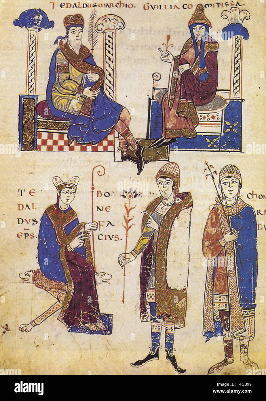 Tebaldo, die Frau Guilla, ihre Söhne Tebaldo, Bischof von Arezzo, Bonifacio und Corrado - vom Codex Latein Vatikan 4922 Stockfoto