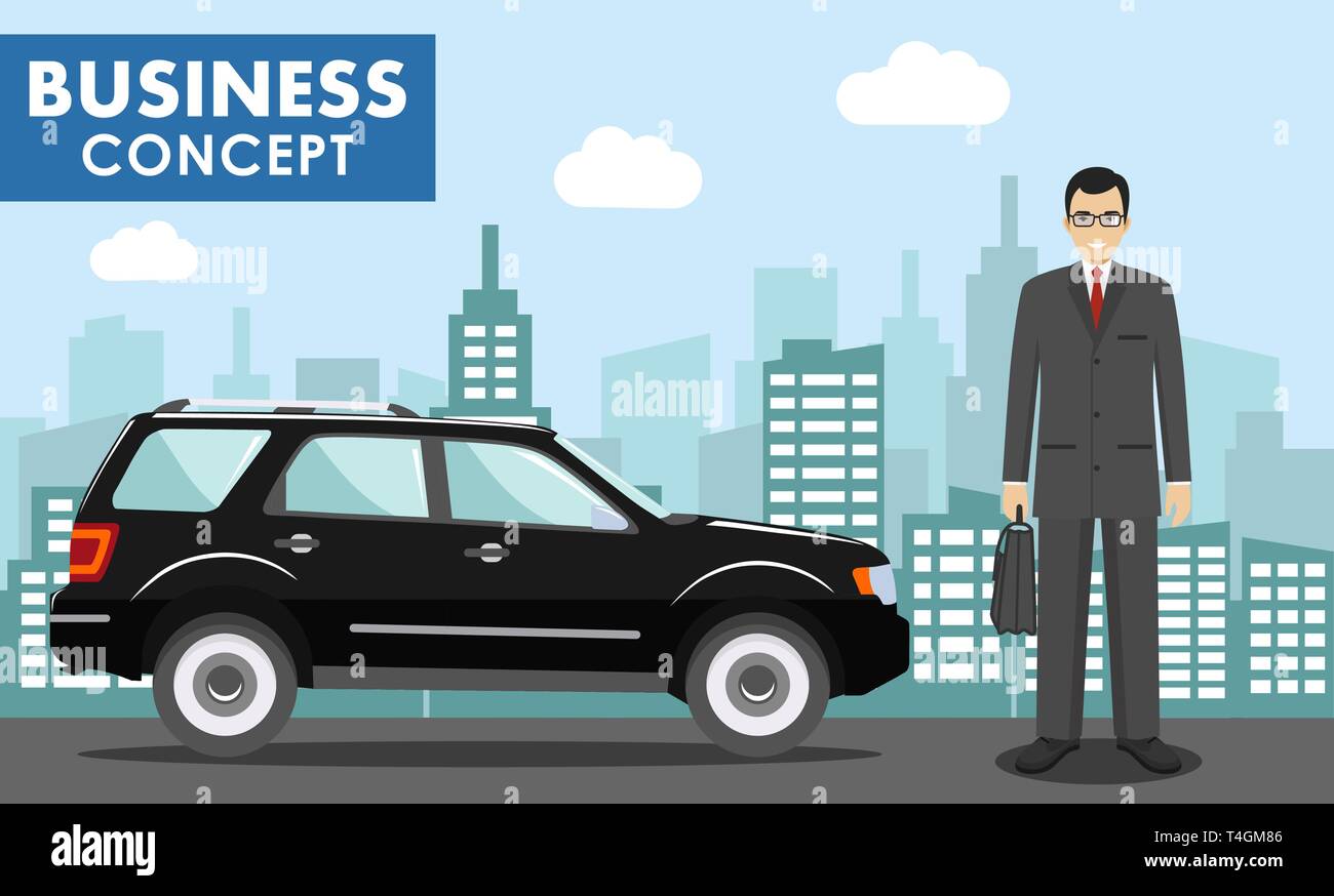 Geschäftskonzept. Ausführliche Darstellung der Geschäftsmann auf Hintergrund mit schwarzen Auto und das Stadtbild im flachen Stil. Vector Illustration. Stock Vektor
