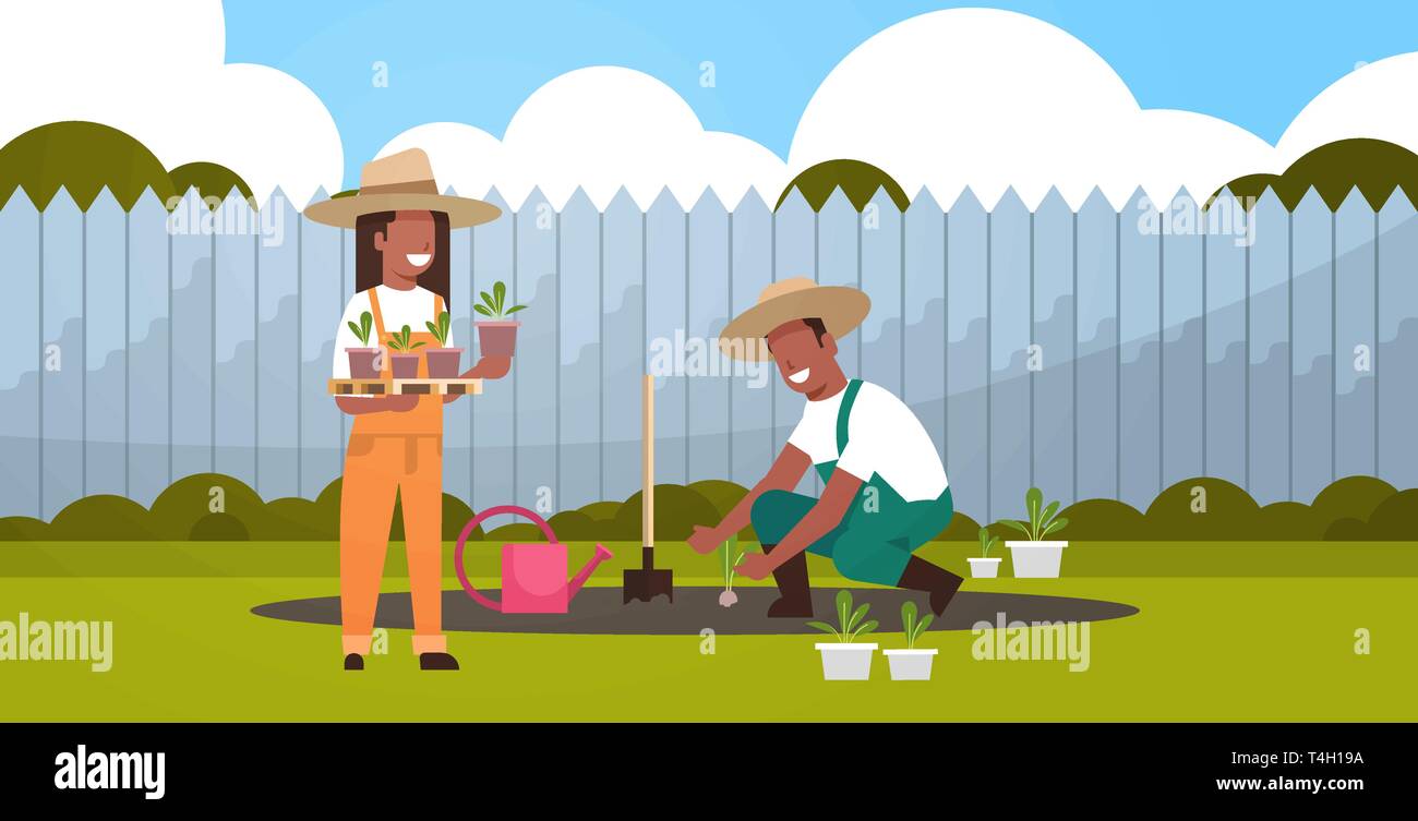 Paar Bauern pflanzen Jungpflanzen Pflanzen, Blumen und Gemüse afrikanische amerikanische Mann Frau im Garten eco arbeiten Landwirtschaft Konzept Hinterhof Stock Vektor
